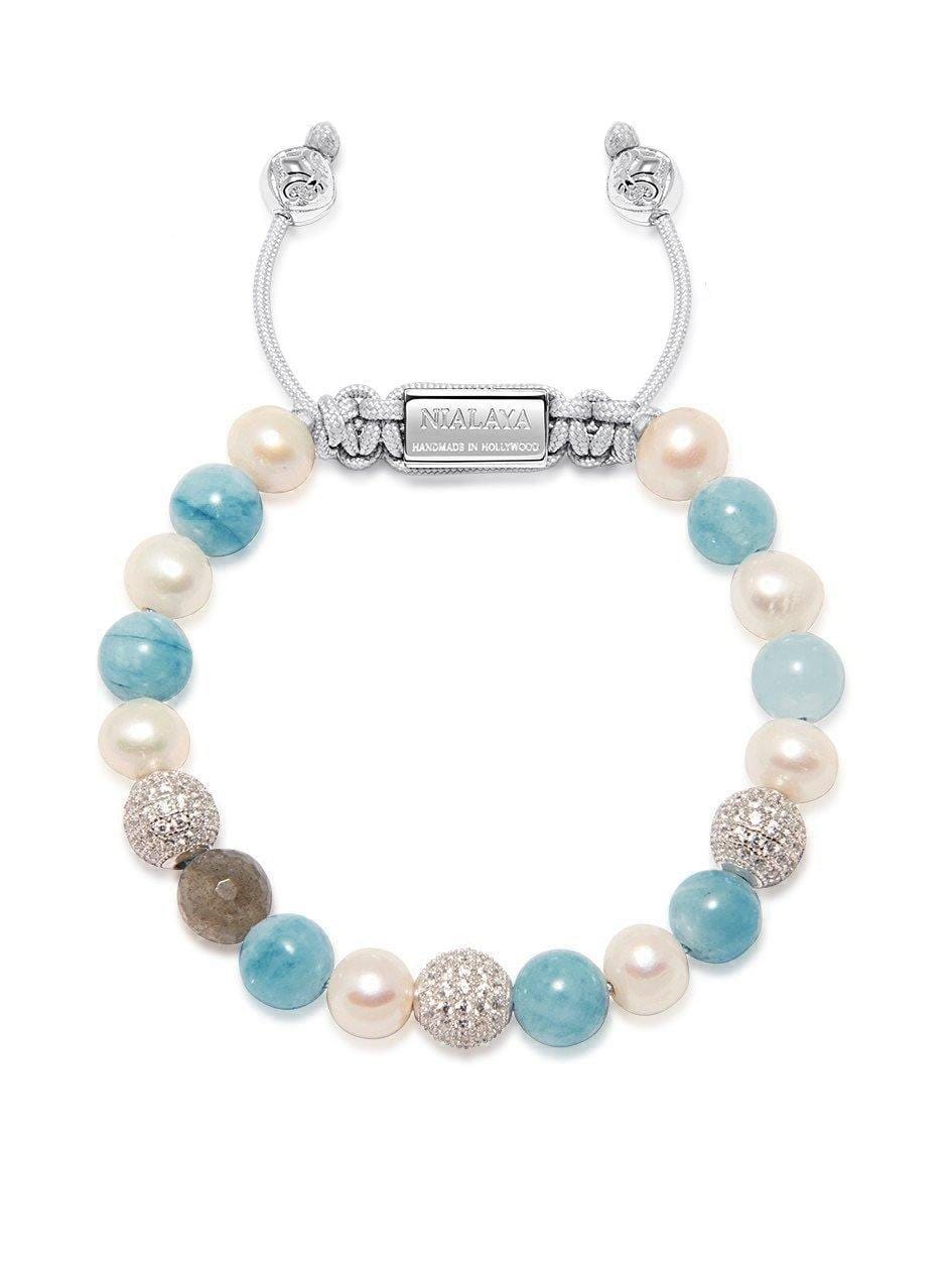 Women'S Beaded Bracelet With Aquamarine, Pearl, And Labradorite (Silver)