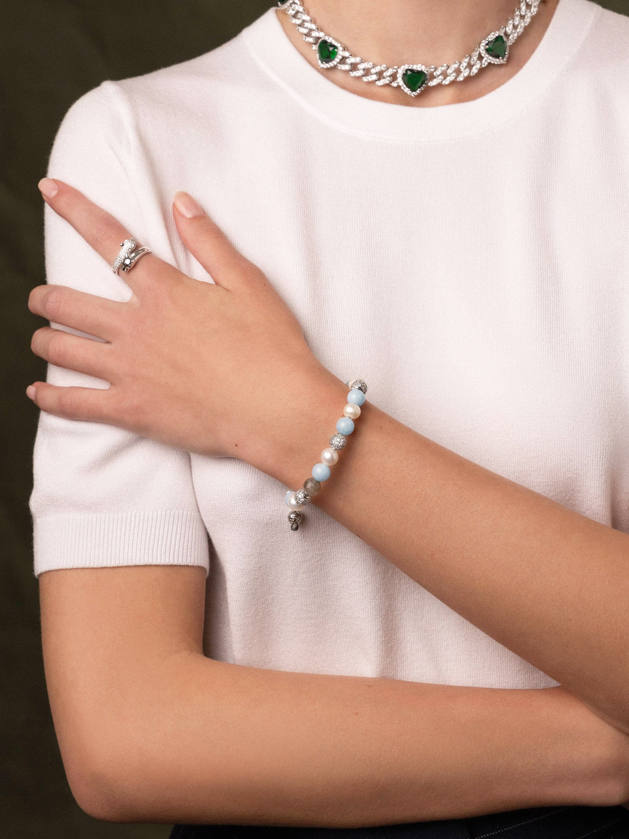 Women'S Beaded Bracelet With Aquamarine, Pearl, And Labradorite (Silver)