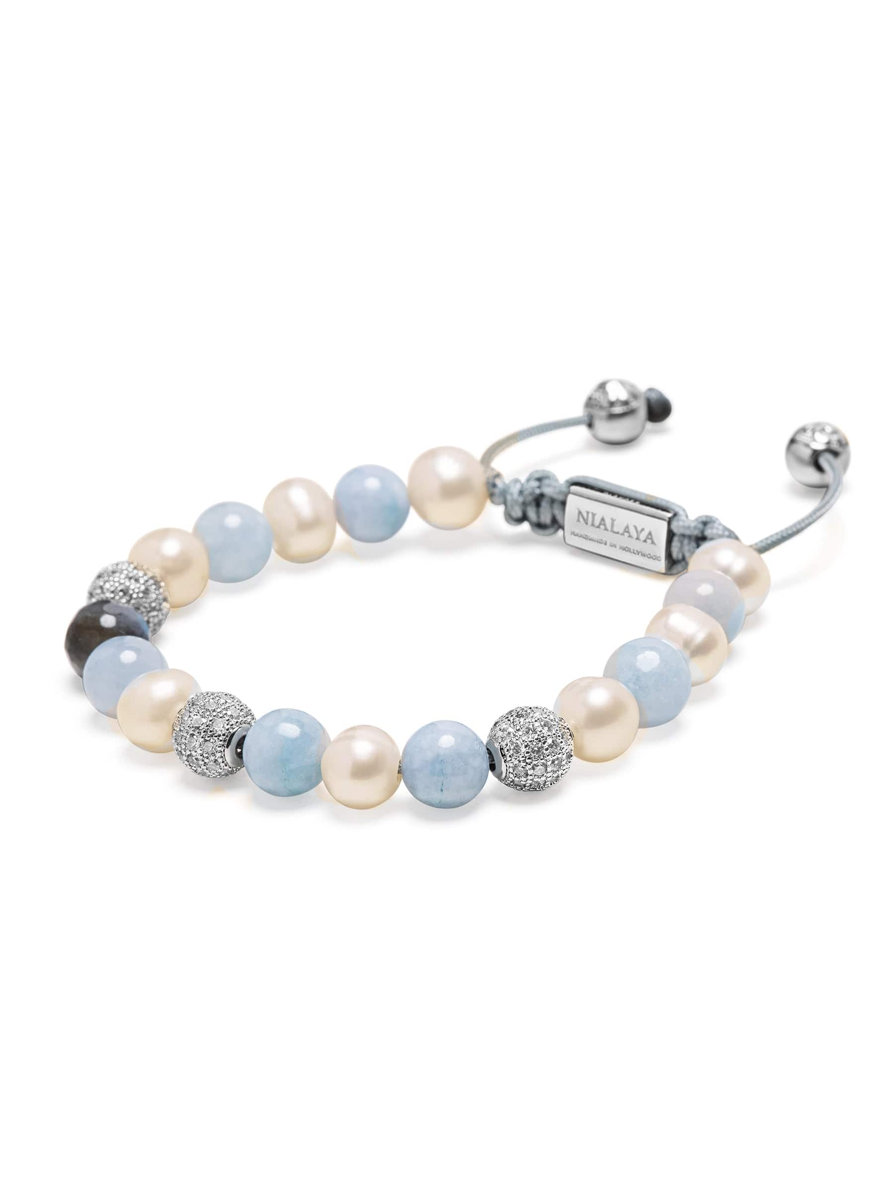 Women'S Beaded Bracelet With Aquamarine, Pearl, And Labradorite (Silver)
