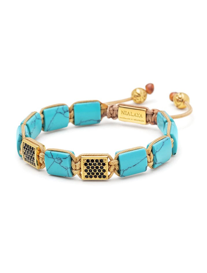 Women'S Turquoise Flatbead Bracelet With Black Cz Diamonds