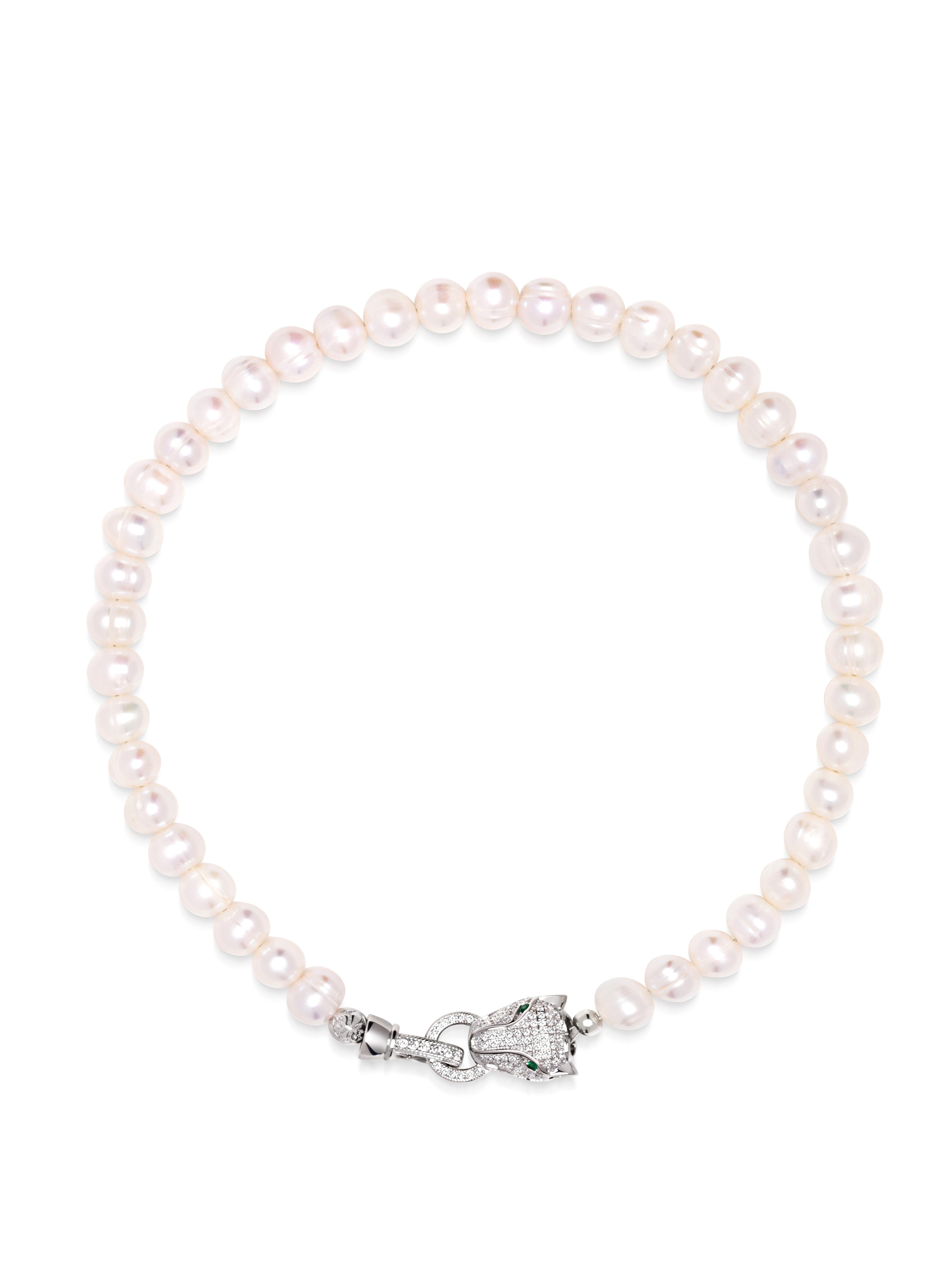 Women'S Pearl Choker With Silver Panther Head
