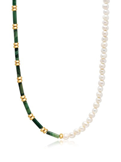Beaded Necklace With Freshwater Pearls And Green Jade