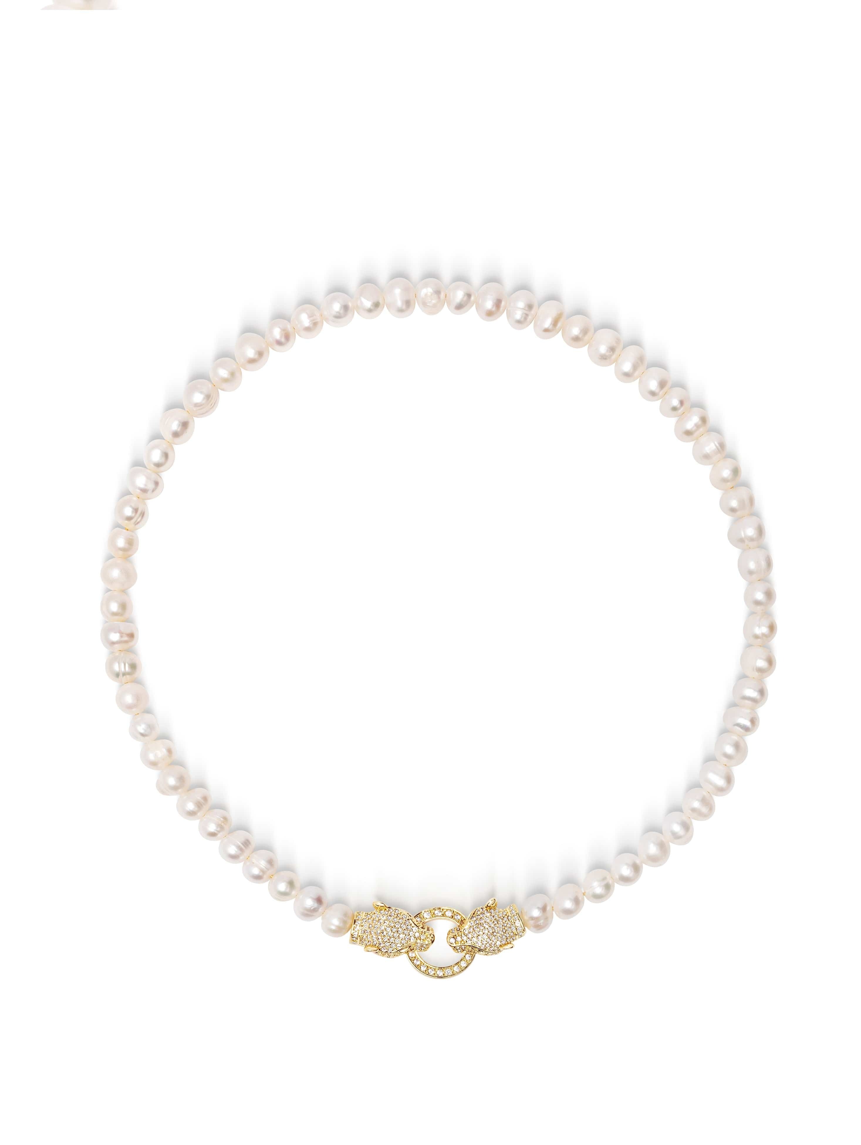 Women'S Pearl Choker With Gold Double Panther Head