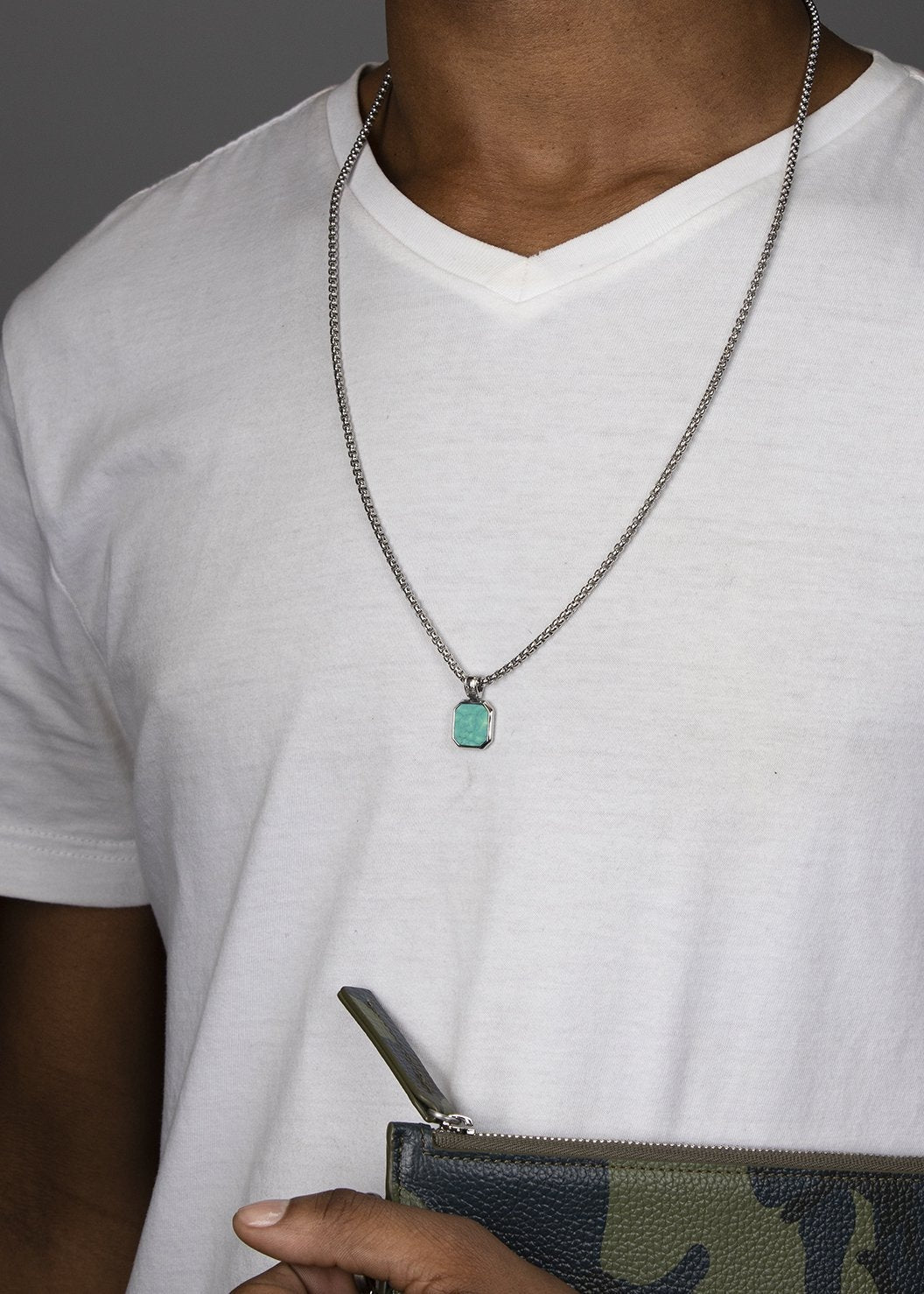 Men'S Silver Necklace With Square Turquoise Pendant