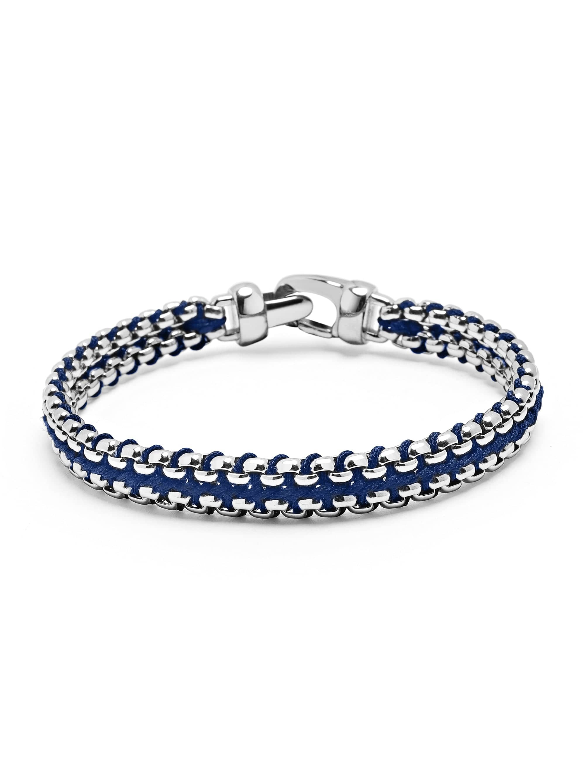 Men'S Navy Woven 8Mm Box Chain Bracelet In Silver