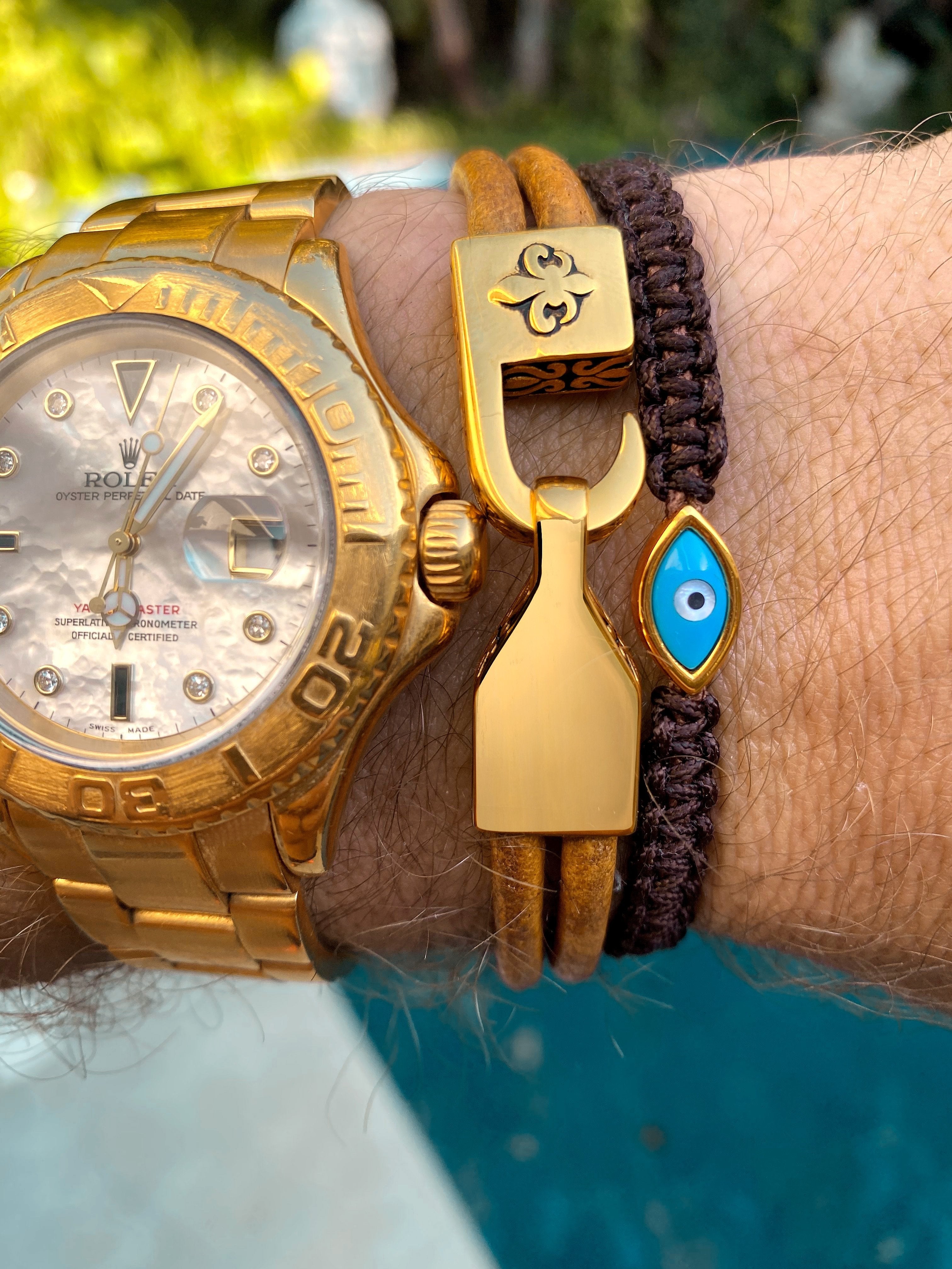 Men's Brown String Bracelet with Gold Evil Eye