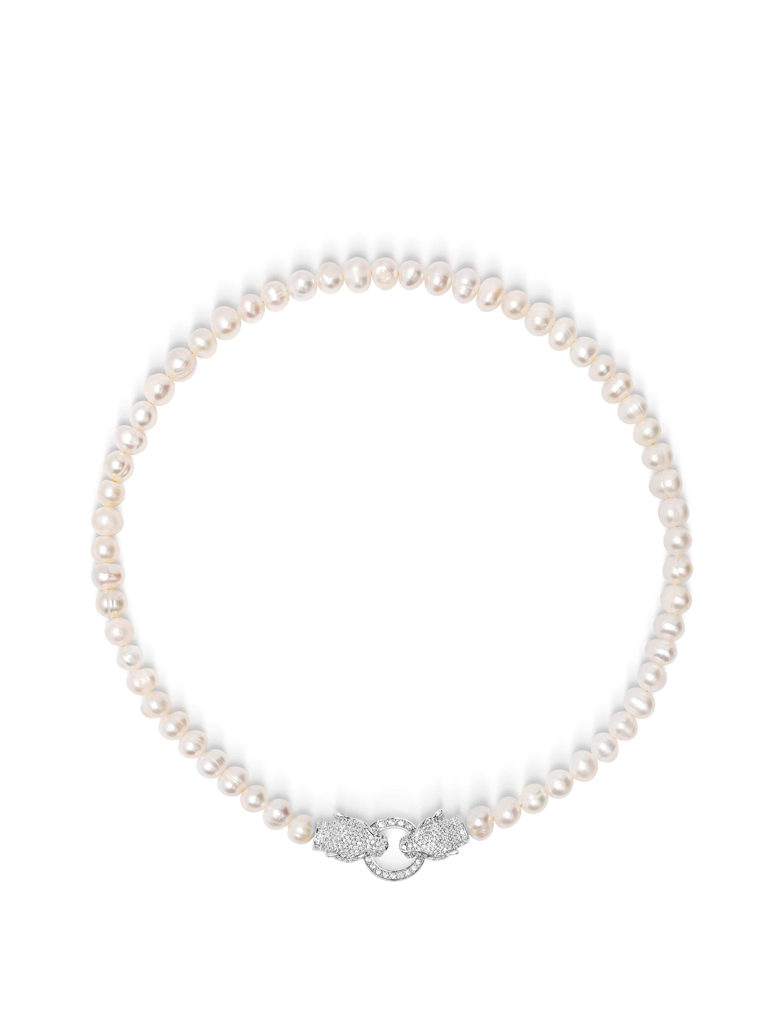 Women'S Pearl Choker With Silver Double Panther Head