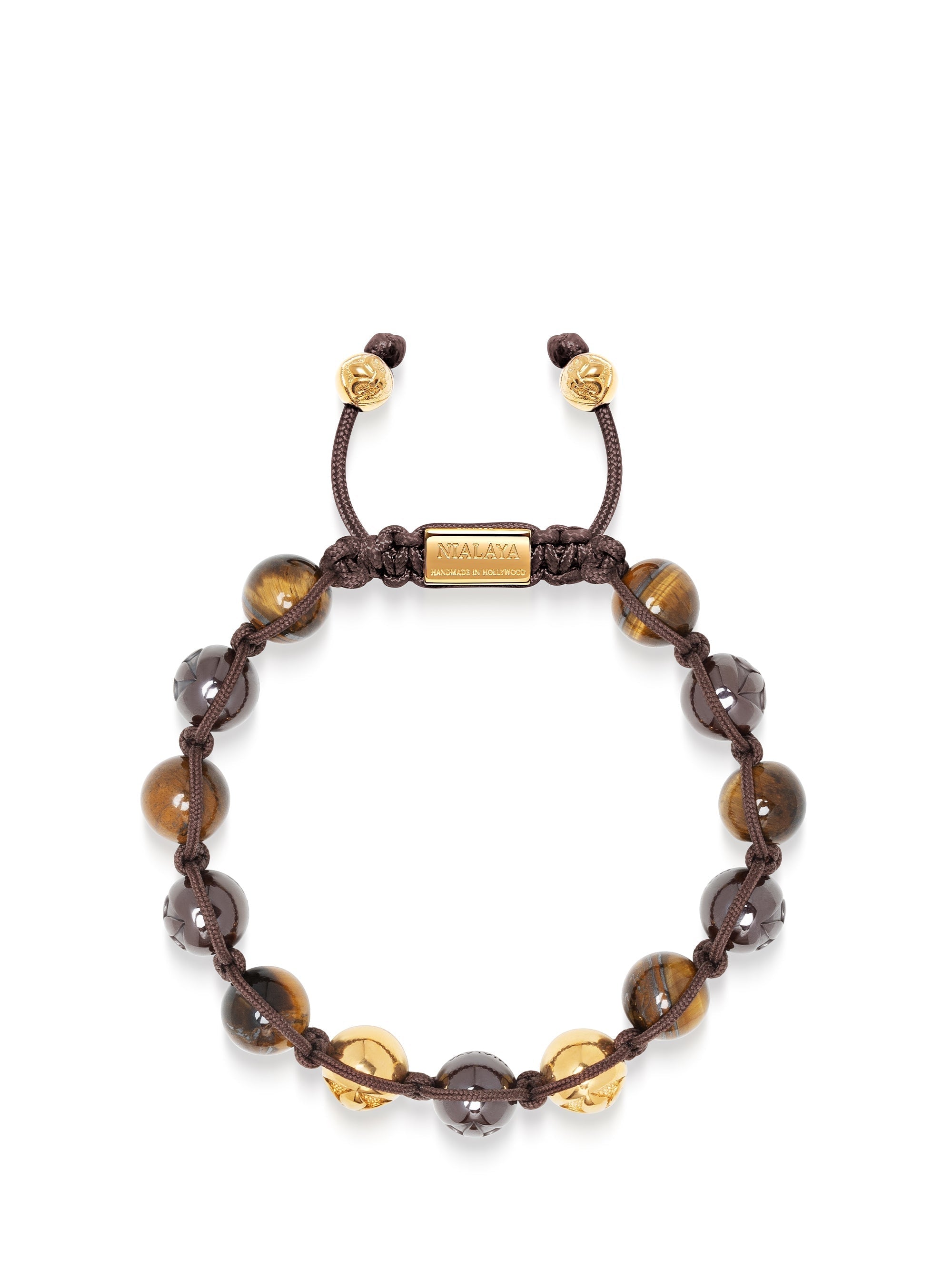 Men'S Beaded Bracelet With Burgundy Ceramic, Tiger Eye And Gold Balls
