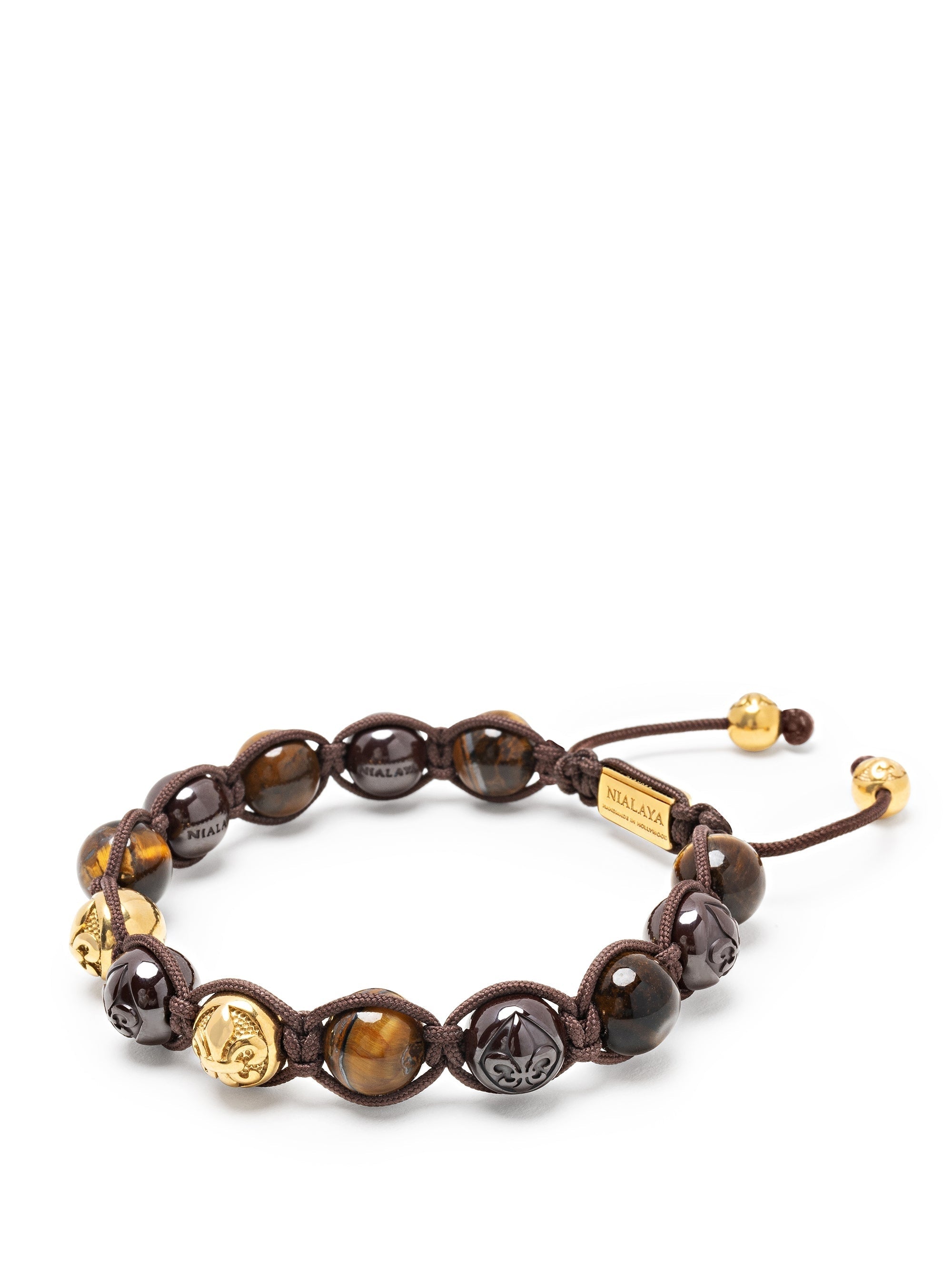 Men'S Beaded Bracelet With Burgundy Ceramic, Tiger Eye And Gold Balls