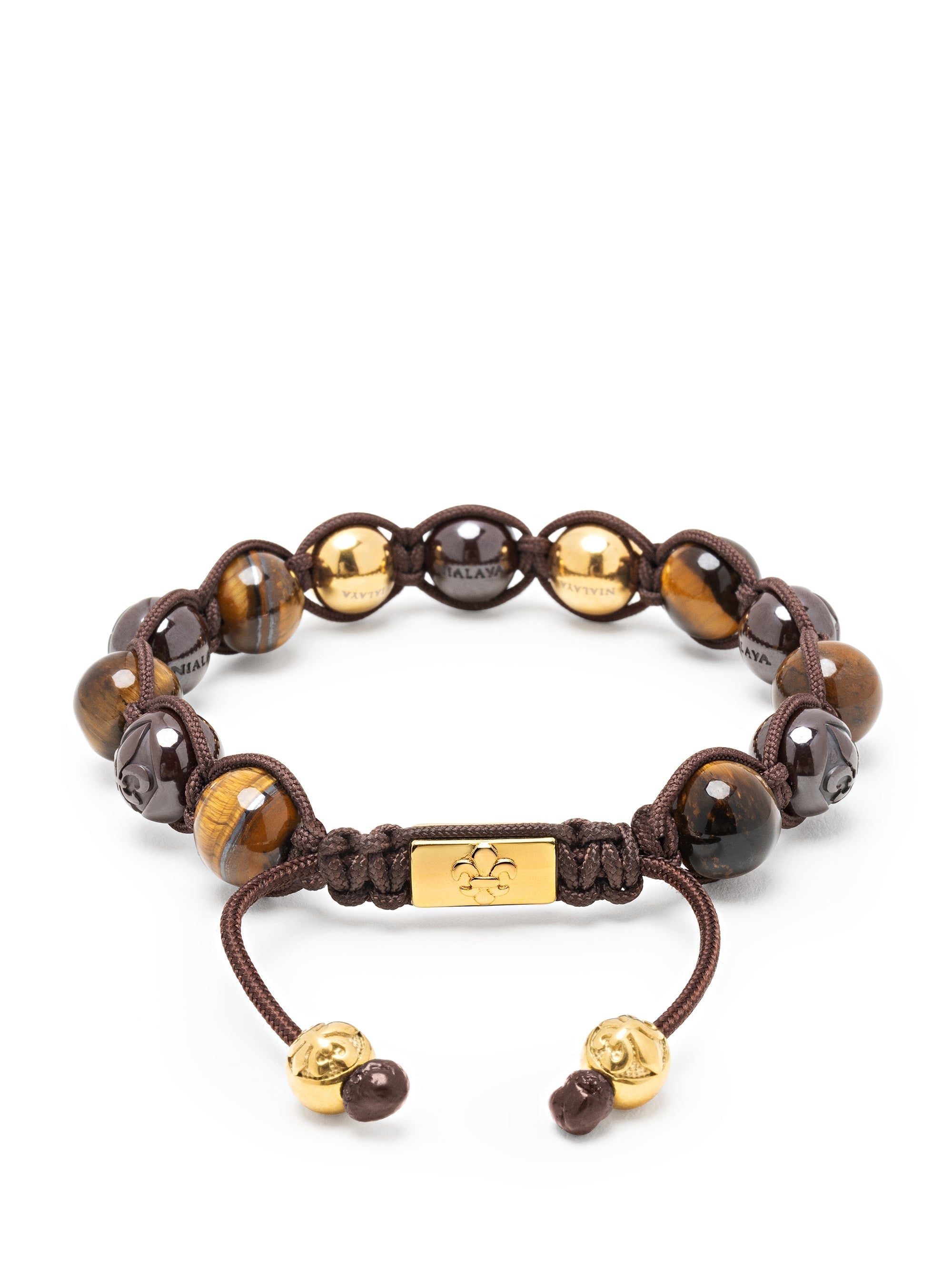 Men'S Beaded Bracelet With Burgundy Ceramic, Tiger Eye And Gold Balls