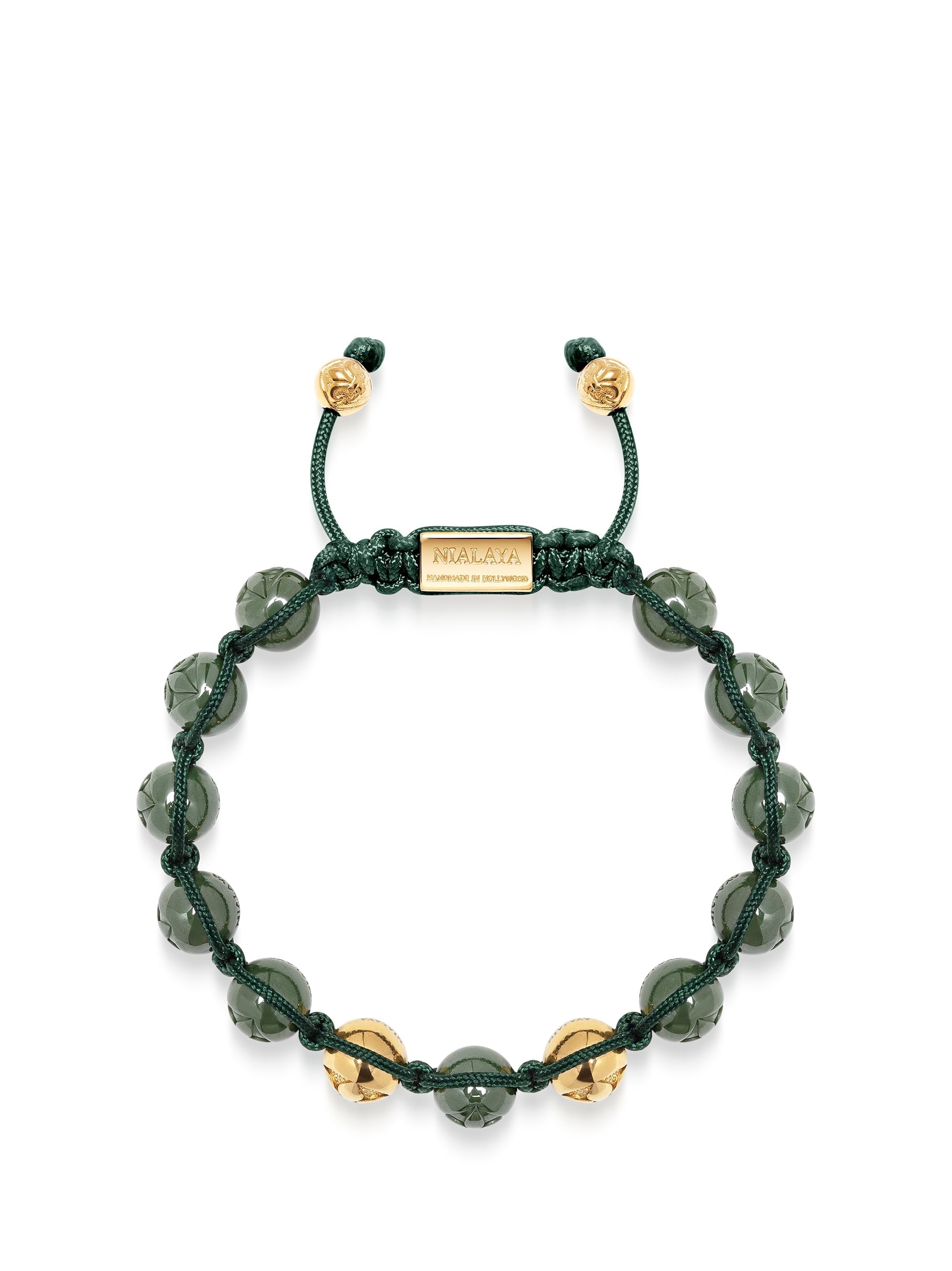 Men'S Beaded Bracelet With Glossy Green Ceramic & Gold Beads