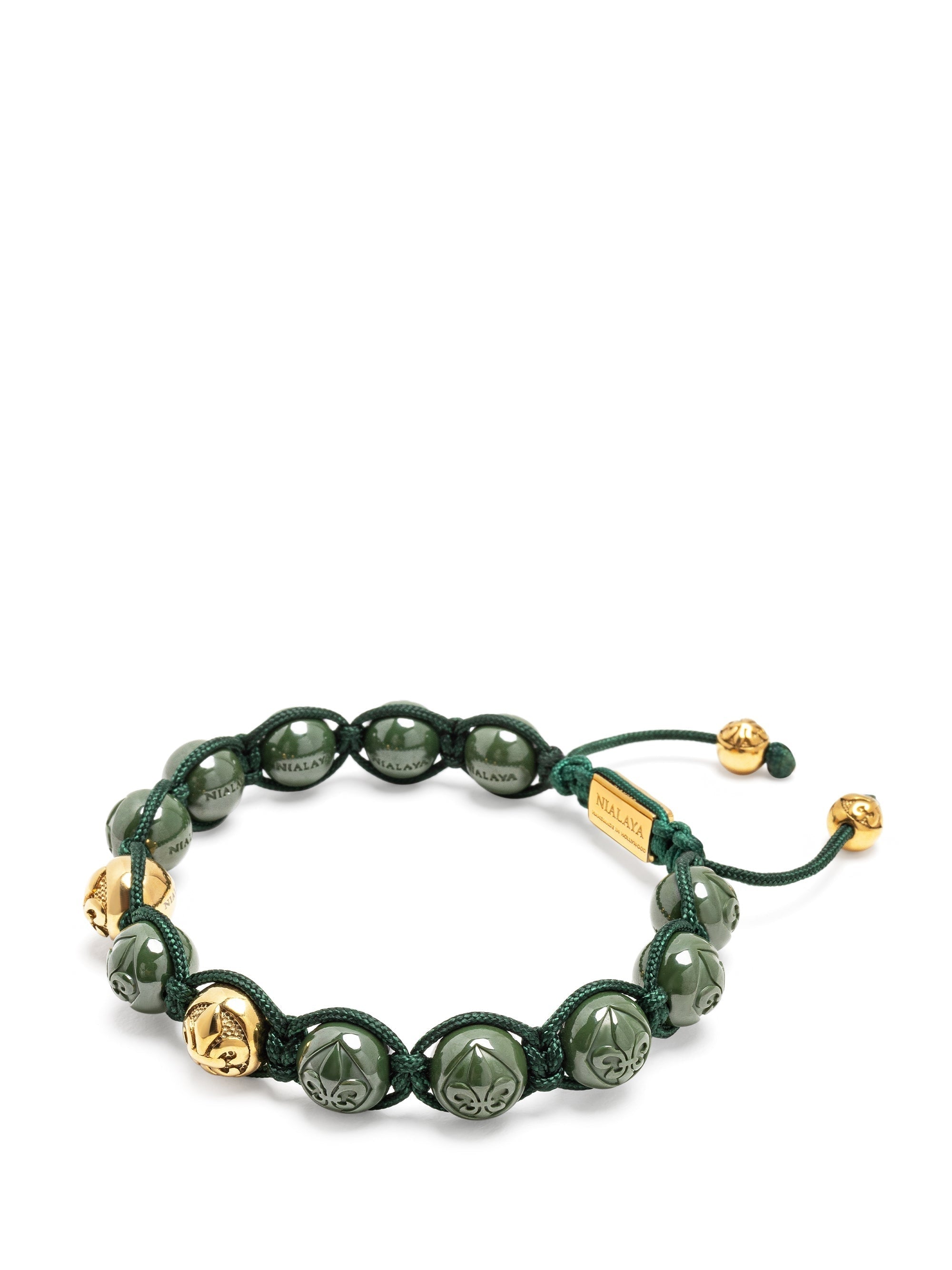 Men'S Beaded Bracelet With Glossy Green Ceramic & Gold Beads