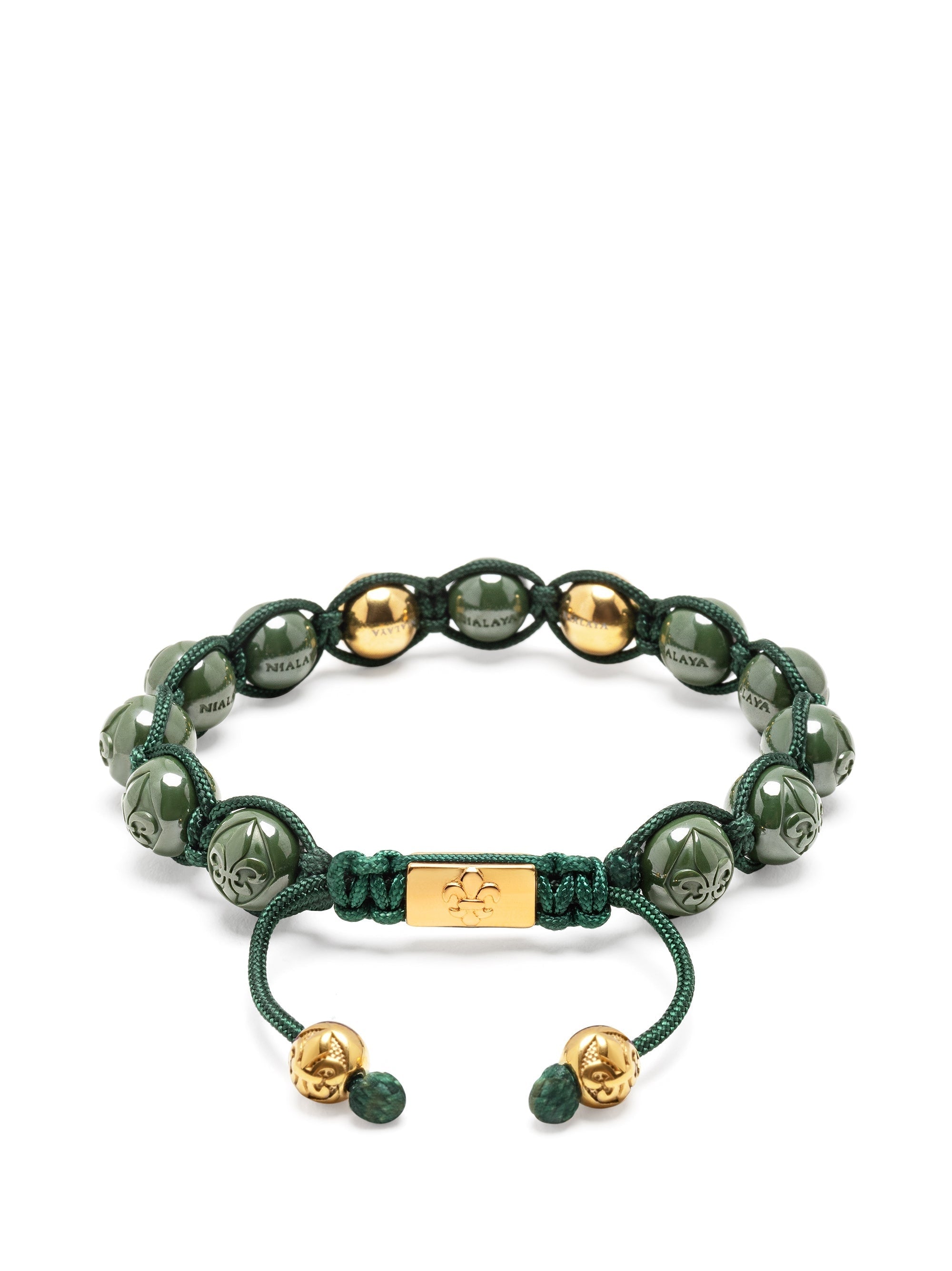 Men'S Beaded Bracelet With Glossy Green Ceramic & Gold Beads