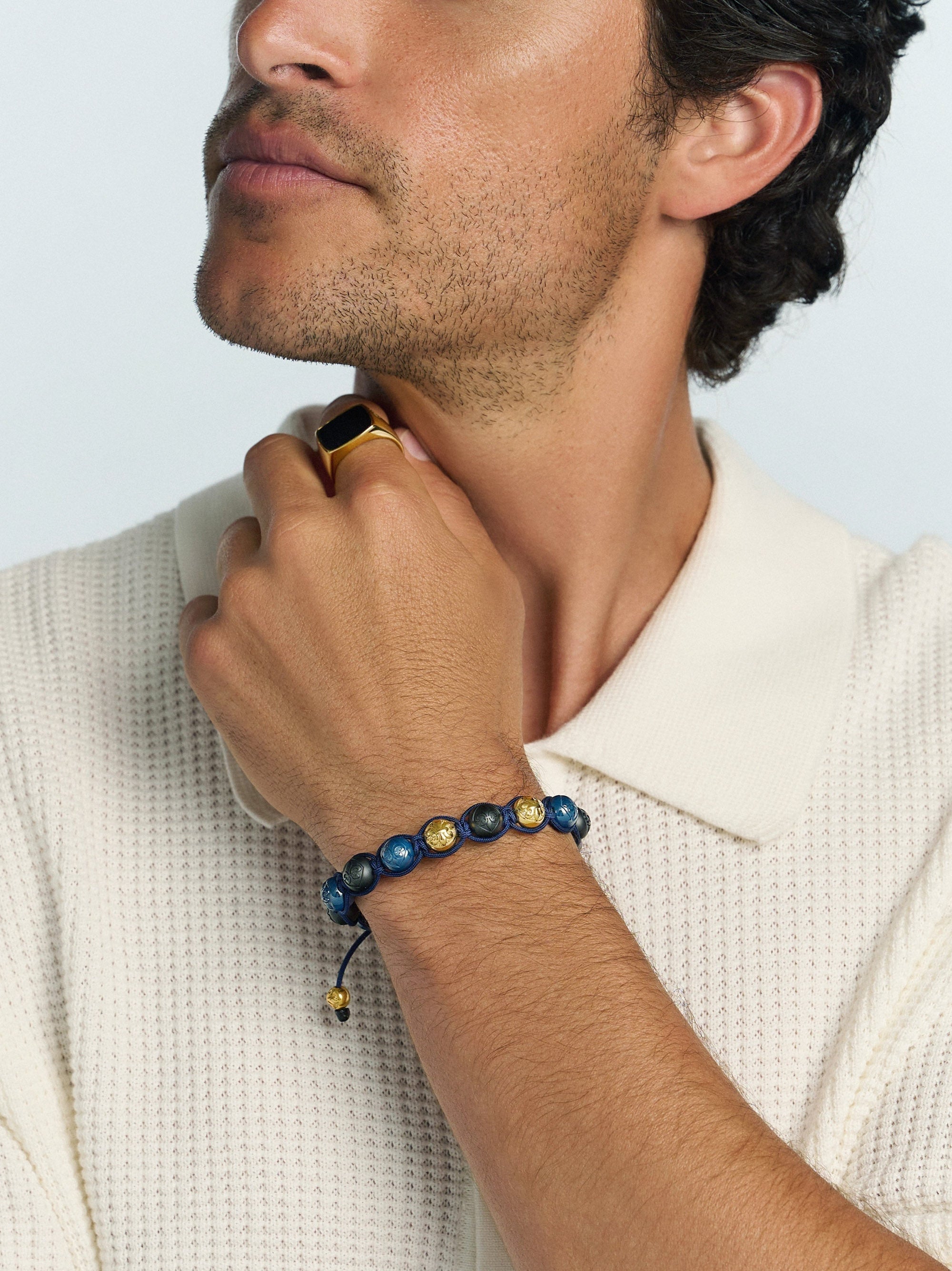 Men's Beaded Bracelet With Matte Black, Glossy Blue Ceramic & Gold Beads