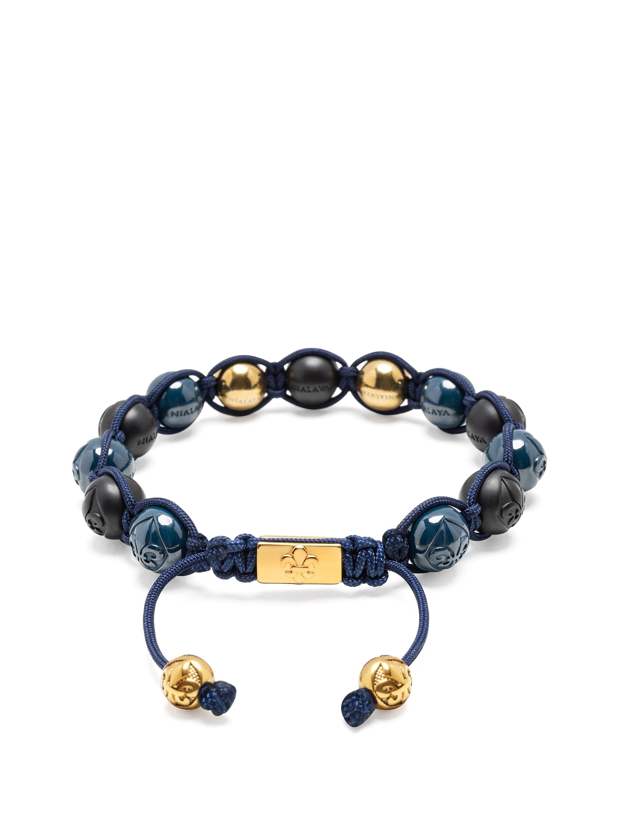 Men's Beaded Bracelet With Matte Black, Glossy Blue Ceramic & Gold Beads