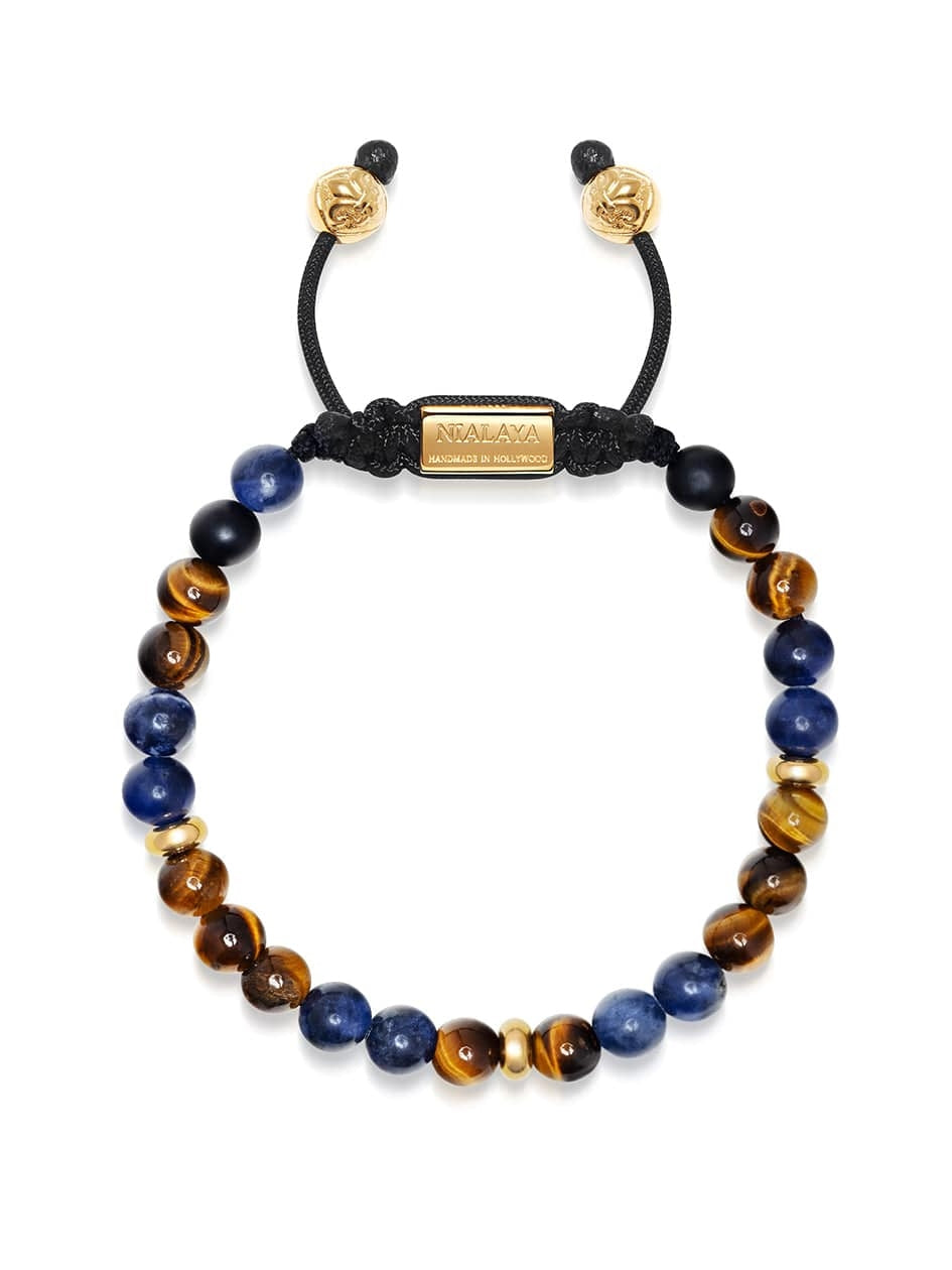 Men'S Beaded Bracelet With Dumortierite, Brown Tiger Eye And Gold