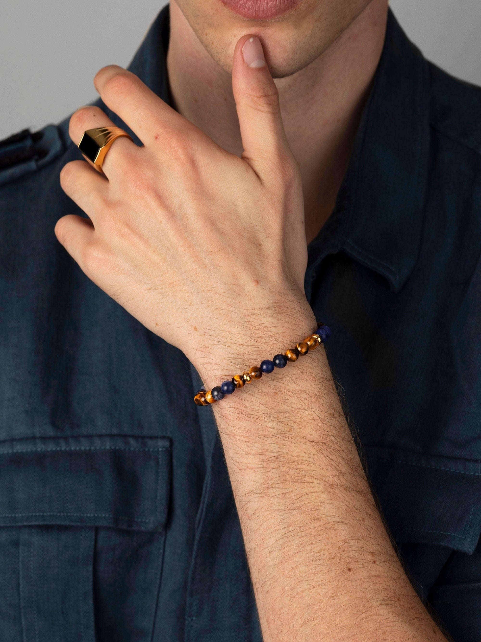Men'S Beaded Bracelet With Dumortierite, Brown Tiger Eye And Gold