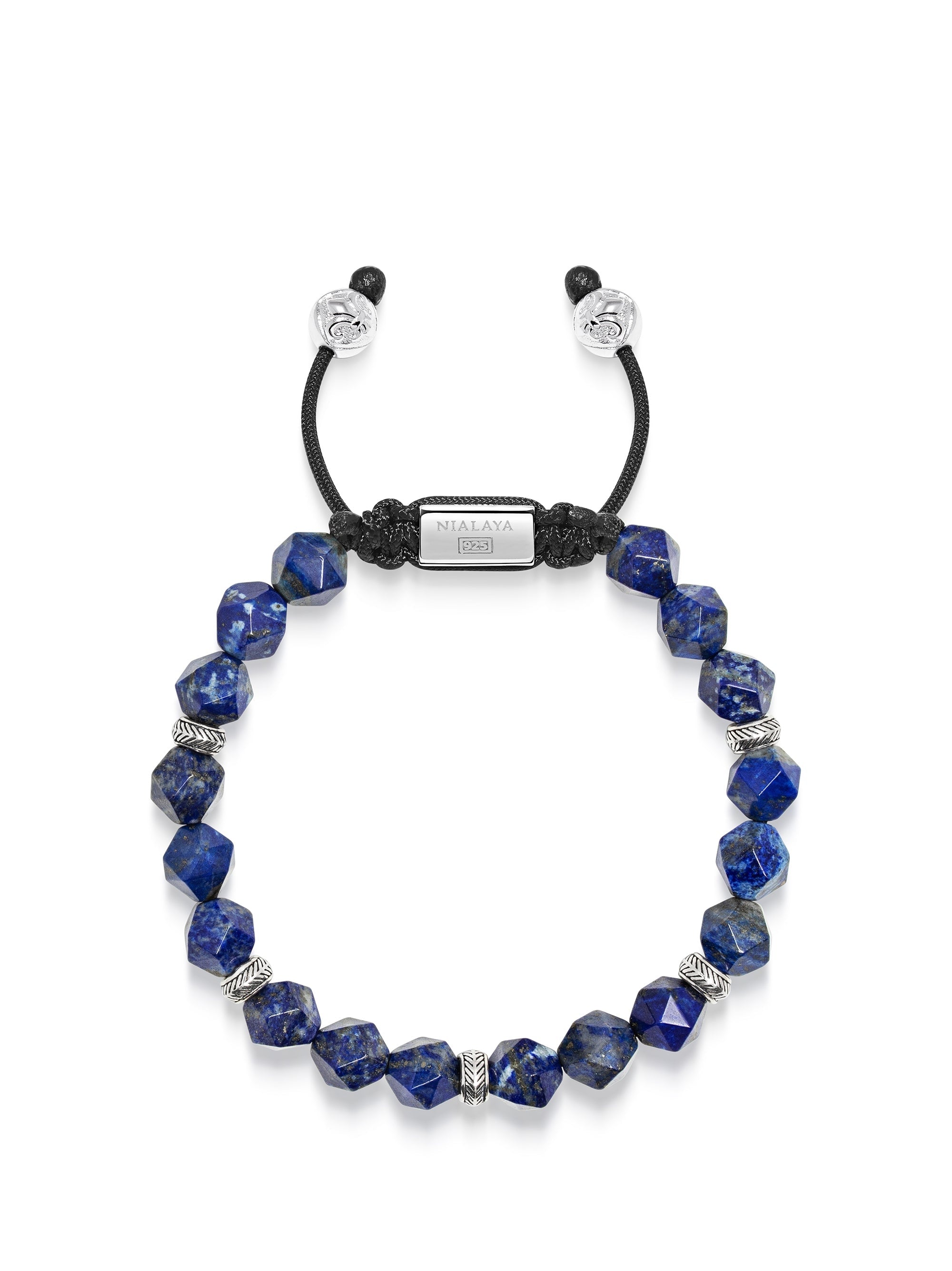 Men'S Sterling Silver Faceted Beaded Bracelet With Lapis Lazuli