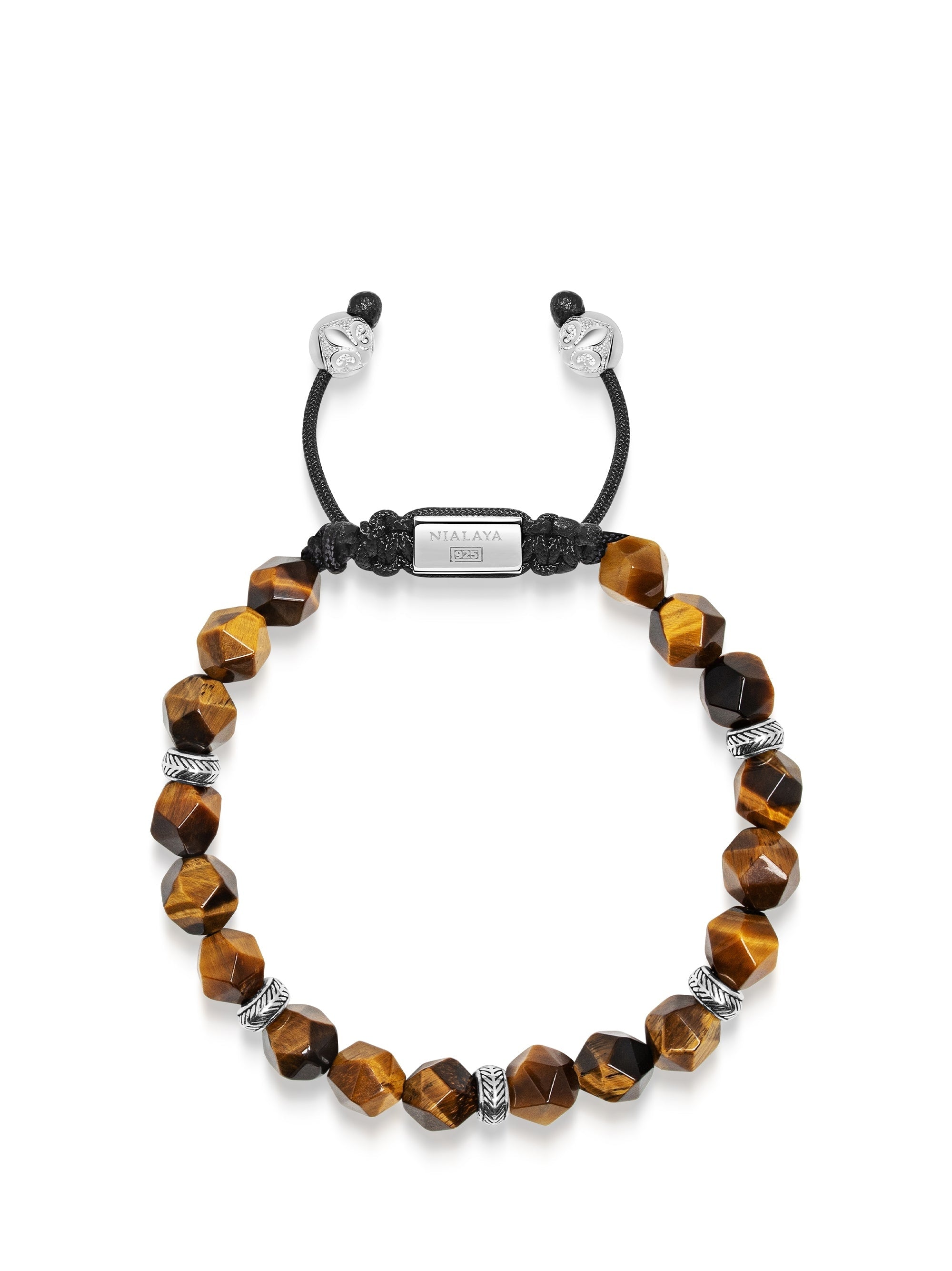 Men'S Sterling Silver Faceted Beaded Bracelet With Brown Tiger Eye