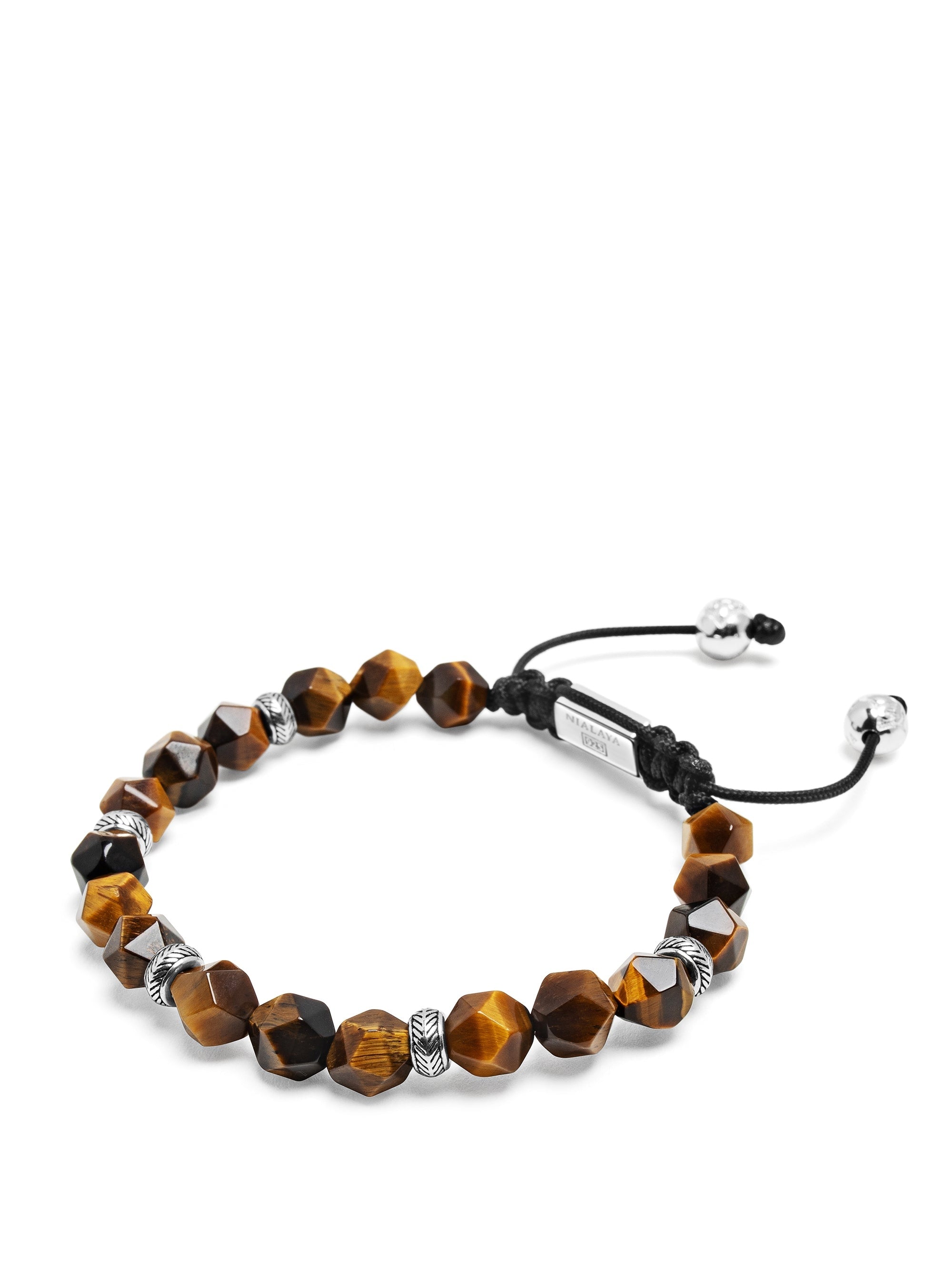 Men'S Sterling Silver Faceted Beaded Bracelet With Brown Tiger Eye