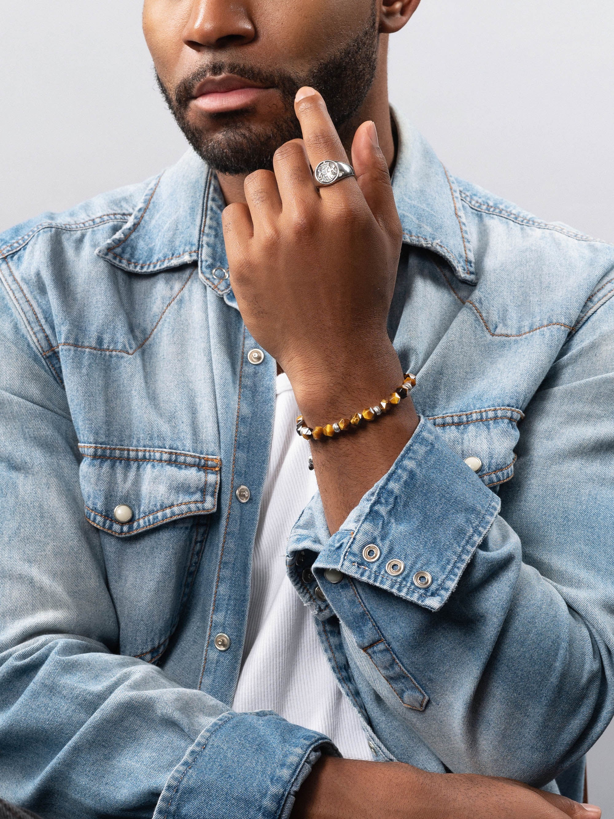 Men'S Sterling Silver Faceted Beaded Bracelet With Brown Tiger Eye