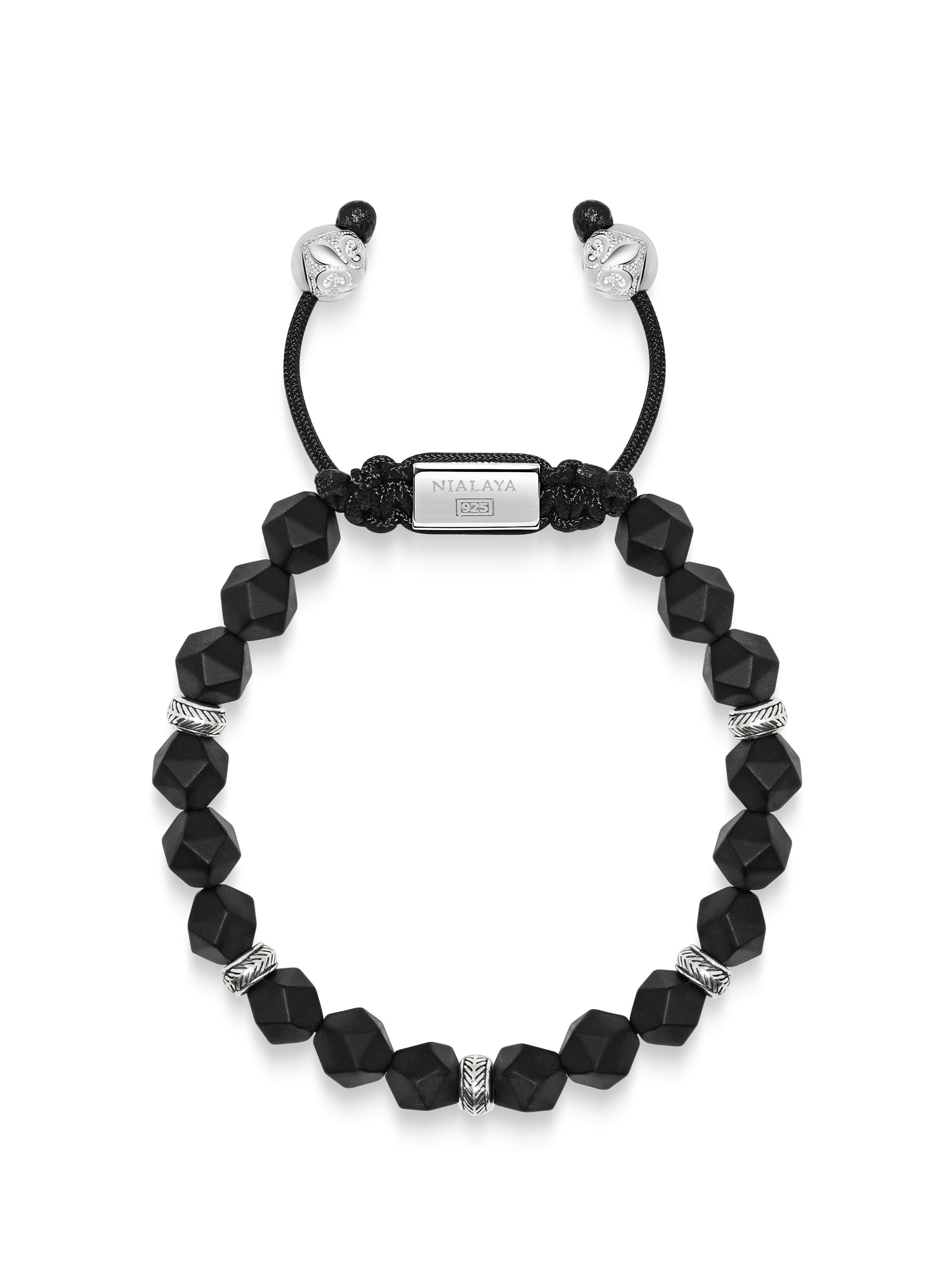 Men'S Sterling Silver Faceted Beaded Bracelet With Matte Black Onyx