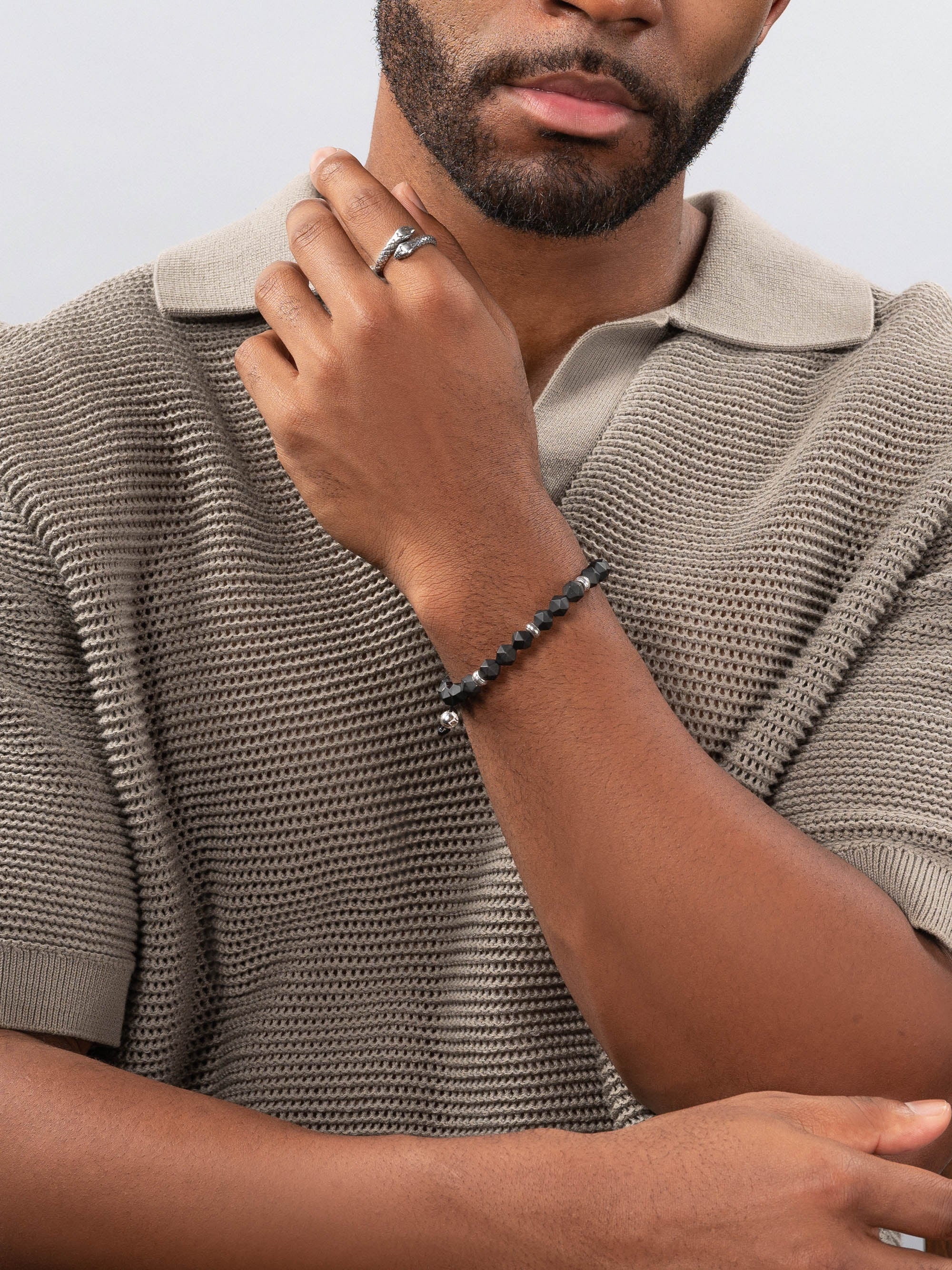 Men'S Sterling Silver Faceted Beaded Bracelet With Matte Black Onyx