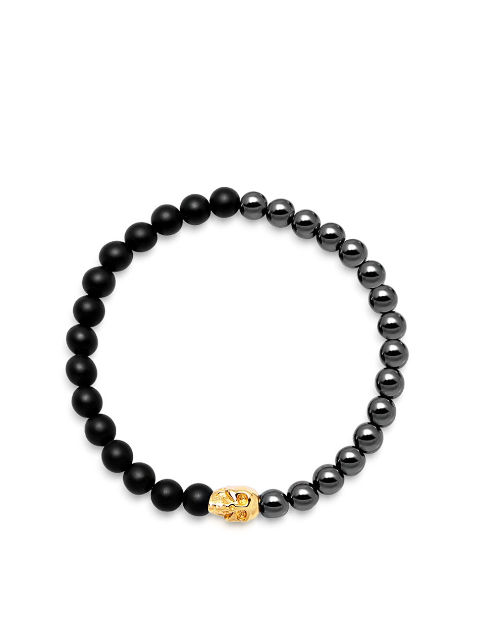 Men'S Wristband With Hematite, Matte Onyx And Gold Skull