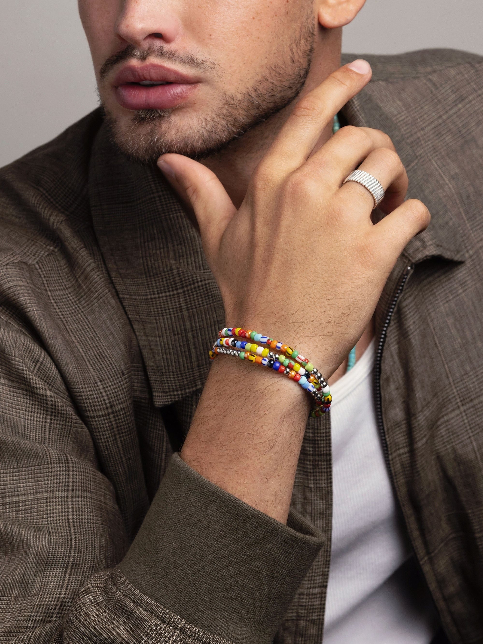 Men'S Wrap Bracelet With Assorted Vintage Trifocal Beads And Silver