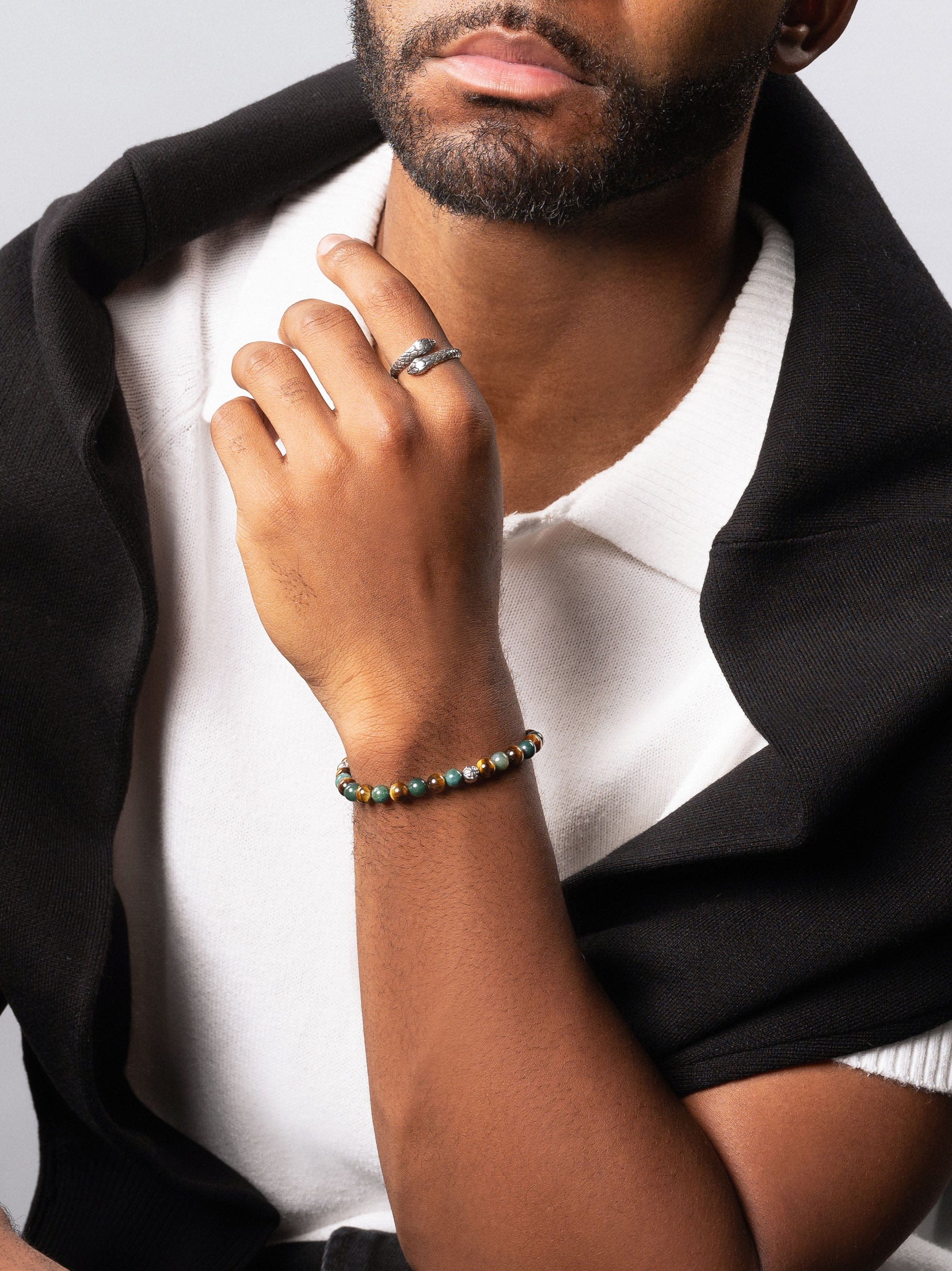 6Mm Tiger Eye And Aquatic Agate Bracelet With Silver Balls