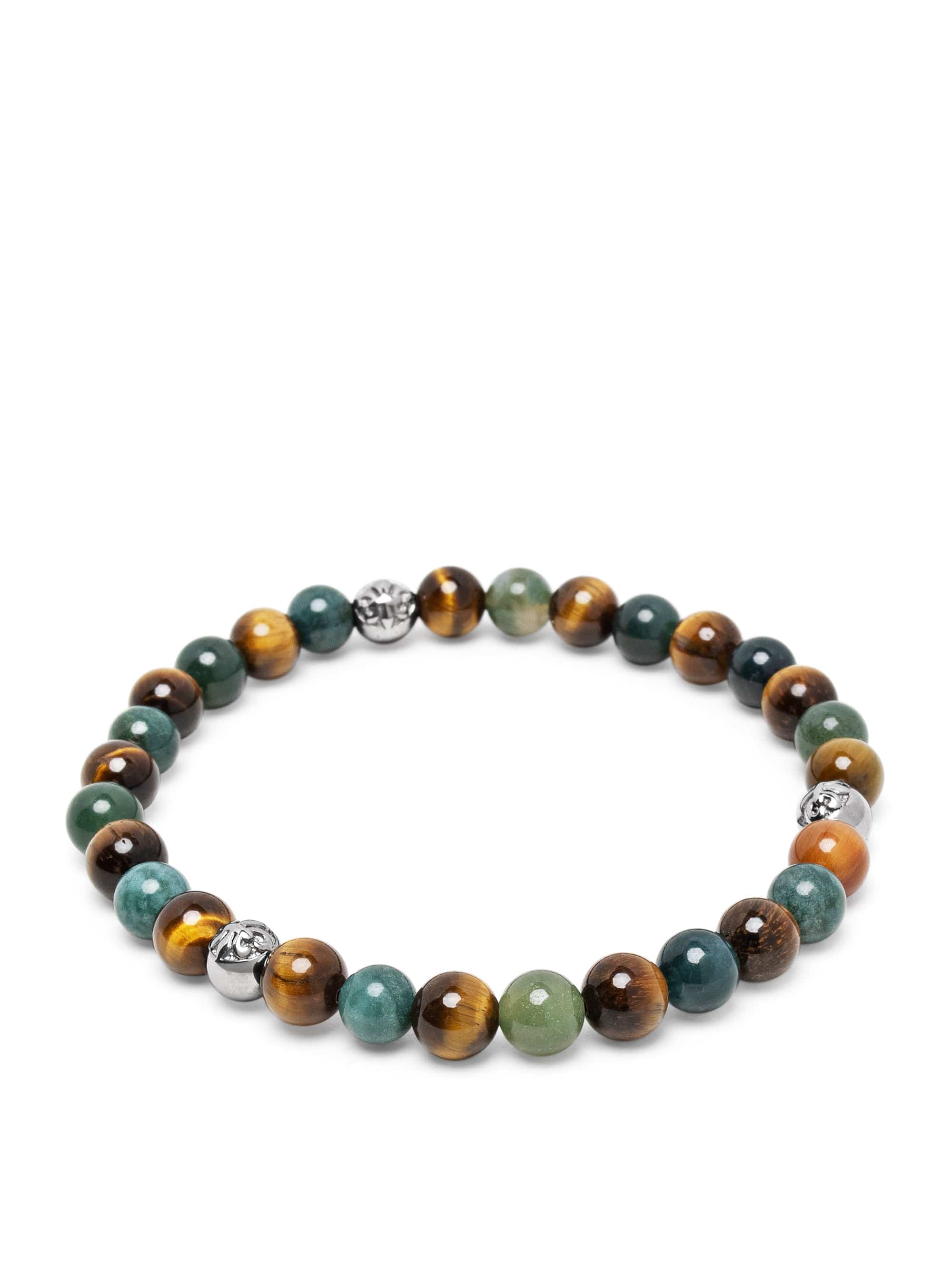 6Mm Tiger Eye And Aquatic Agate Bracelet With Silver Balls