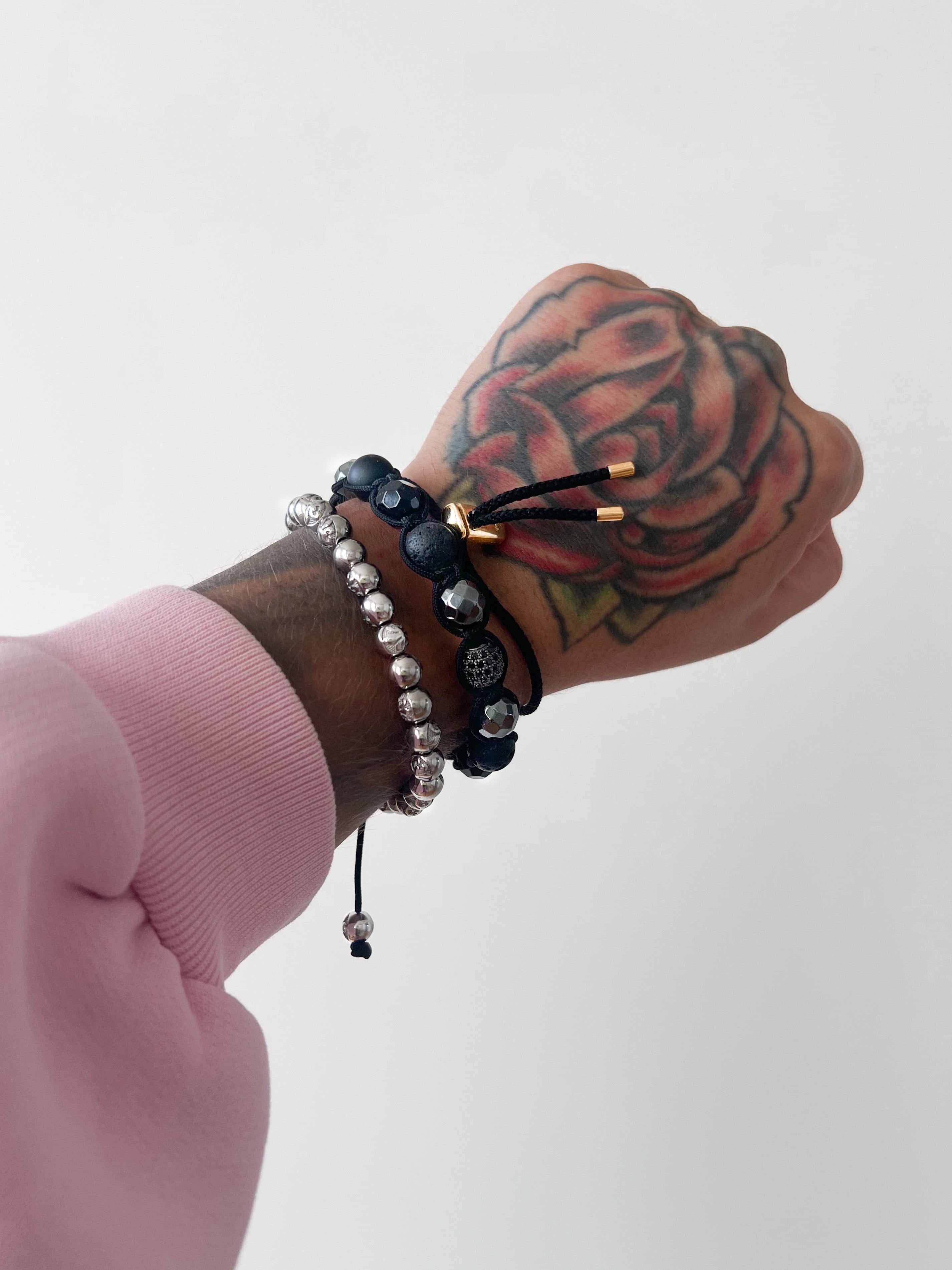 Men'S Beaded Bracelet With Black Cz Diamond, Lava Stone, Matte Onyx And Agate