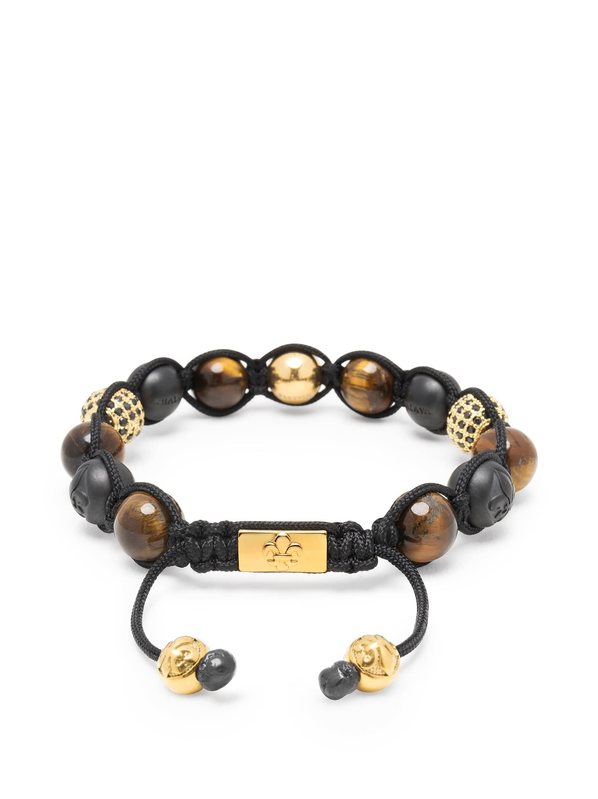 Men'S Beaded Bracelet With Matte Black Ceramic Beads, Tiger Eye, Gold & Cz Balls