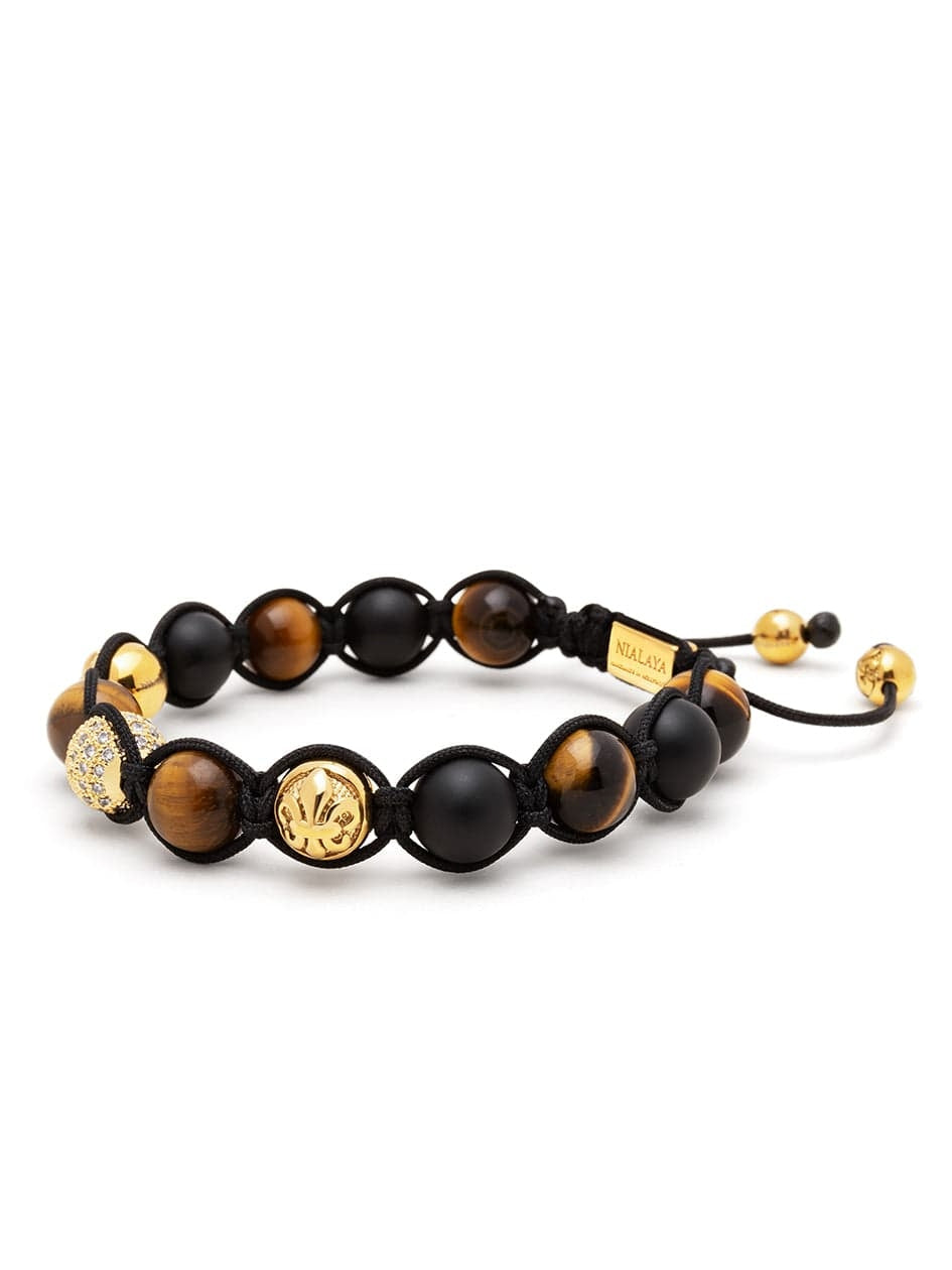 Men'S Beaded Bracelet With Gold, Cz Diamond, Matte Onyx, And Brown Tiger Eye