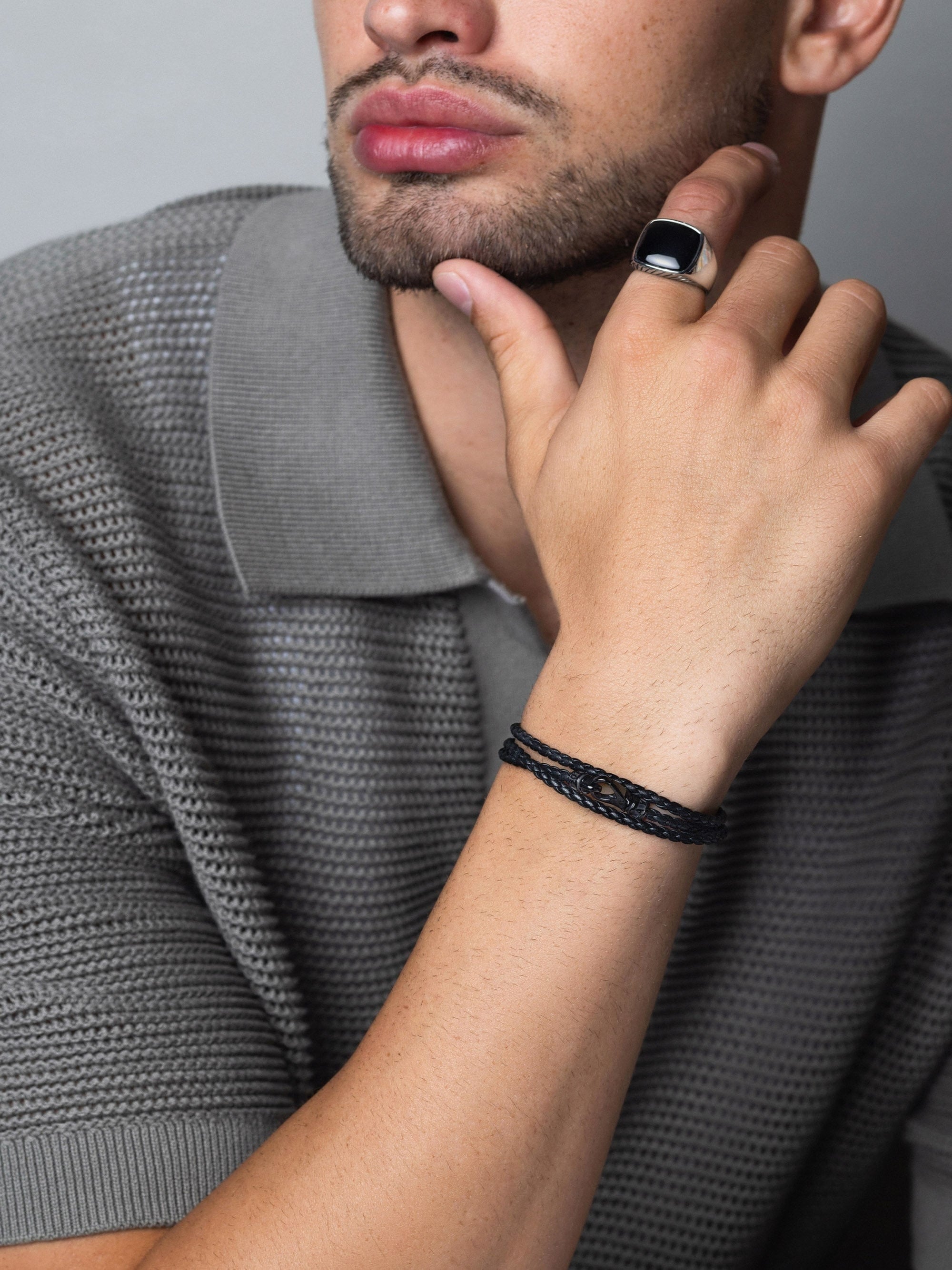 Men'S Black Wrap Around Leather Bracelet