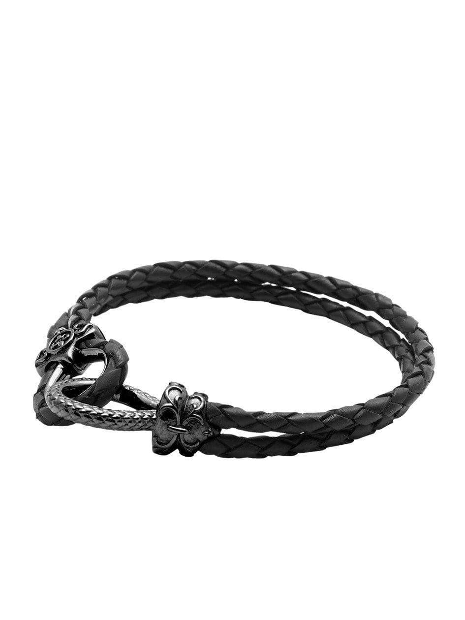 Men'S Black Leather Bracelet With Black Rhodium Hook Clasp