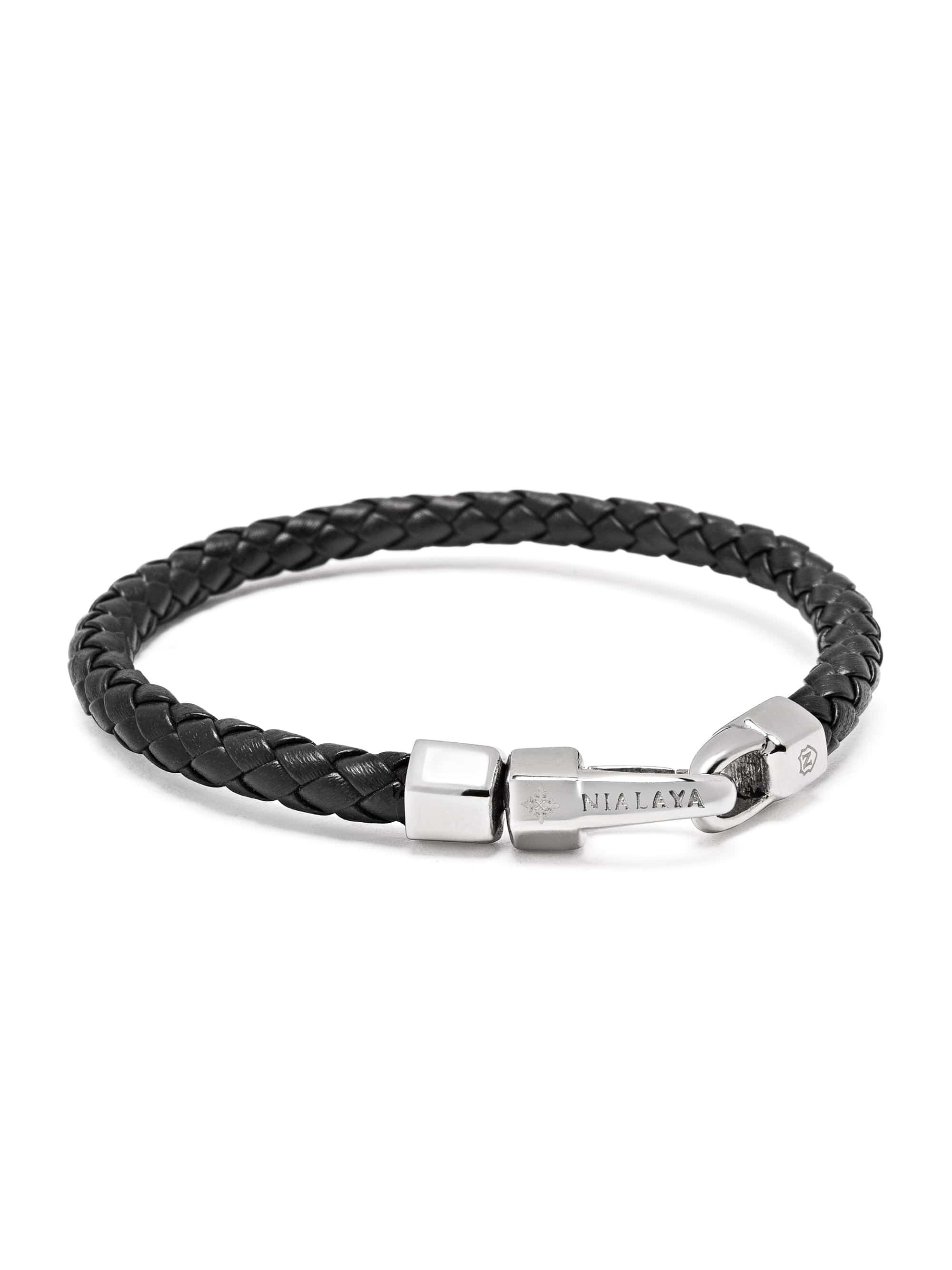 Braided Black Leather Bracelet in Silver