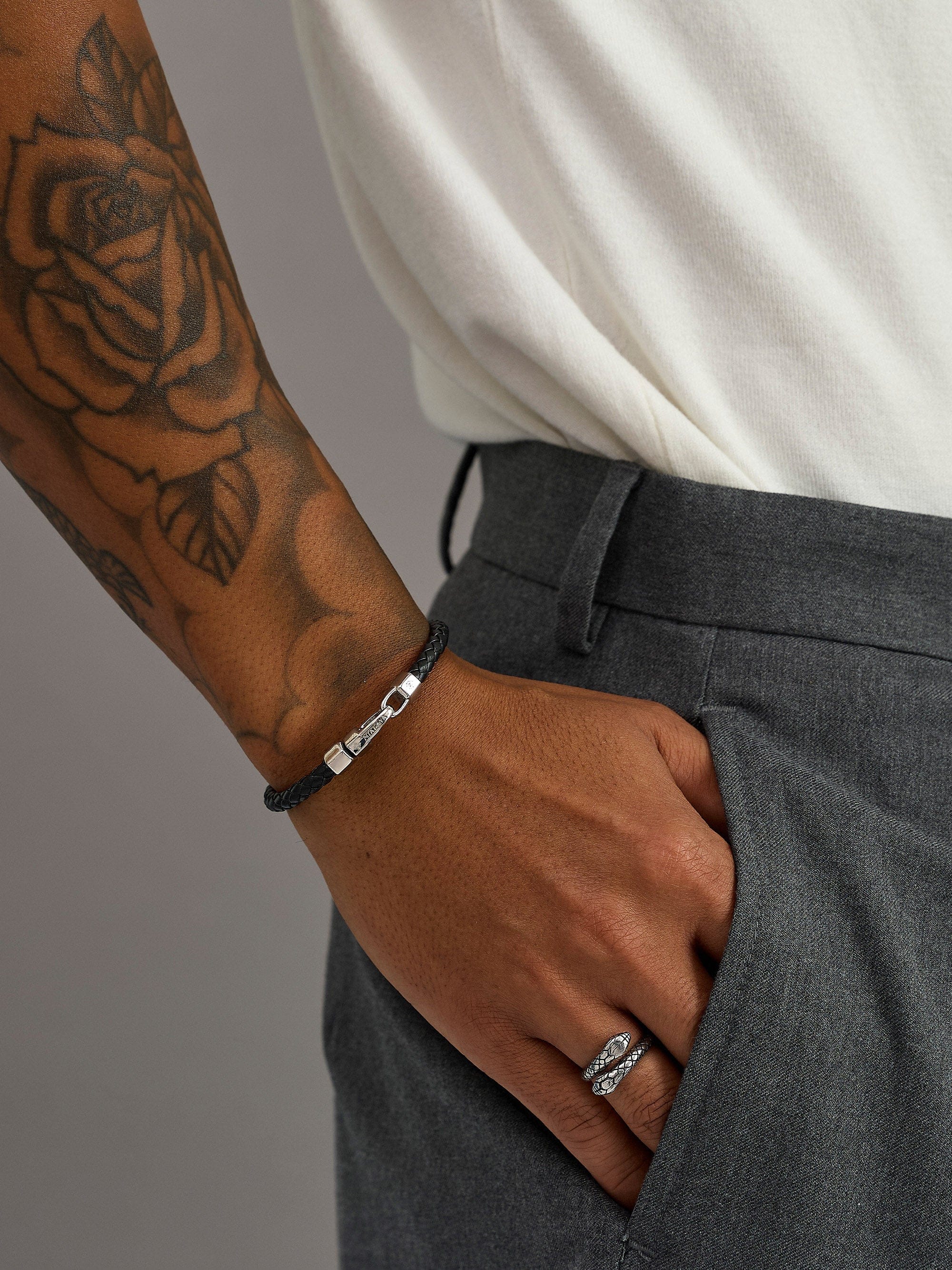 Braided Black Leather Bracelet in Silver