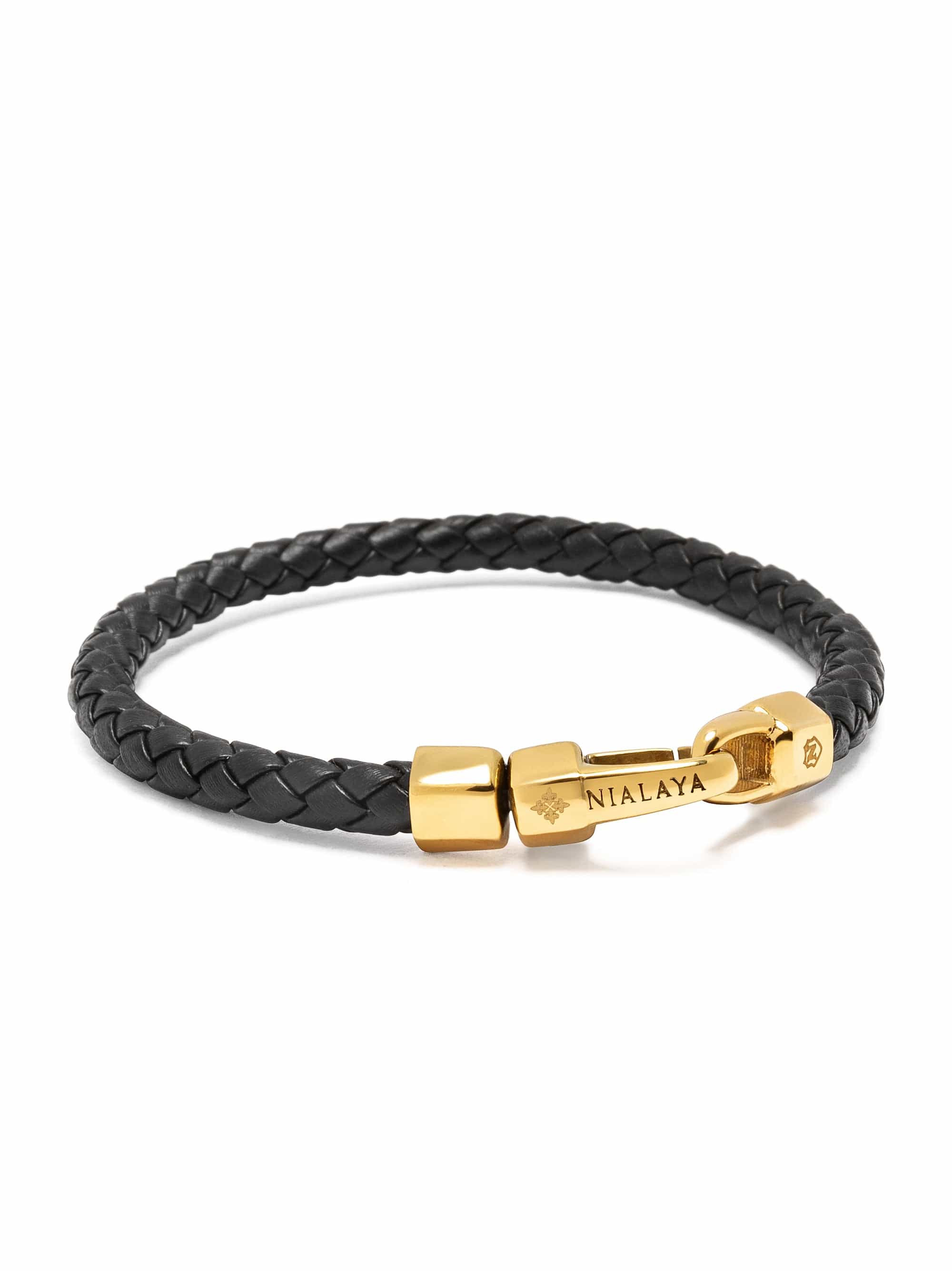 Braided Black Leather Bracelet in Gold