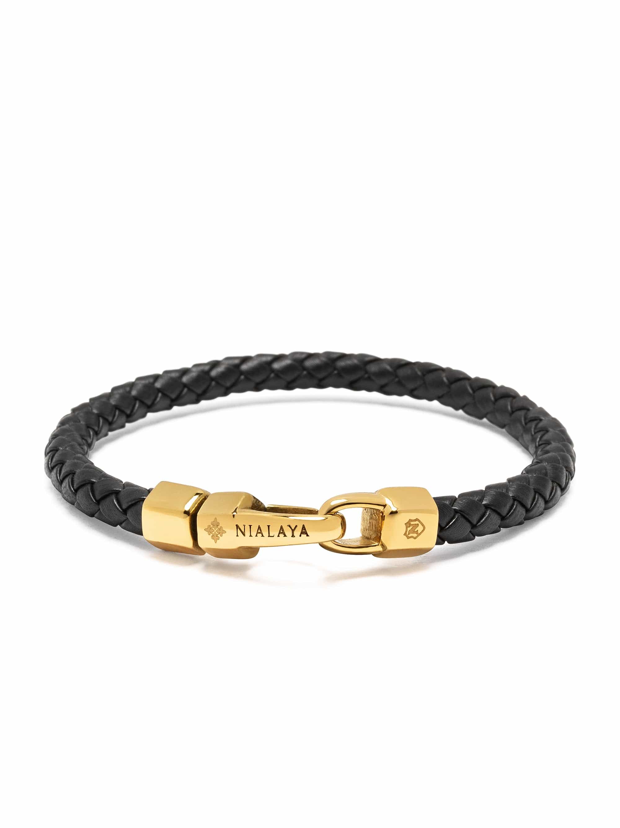 Braided Black Leather Bracelet in Gold