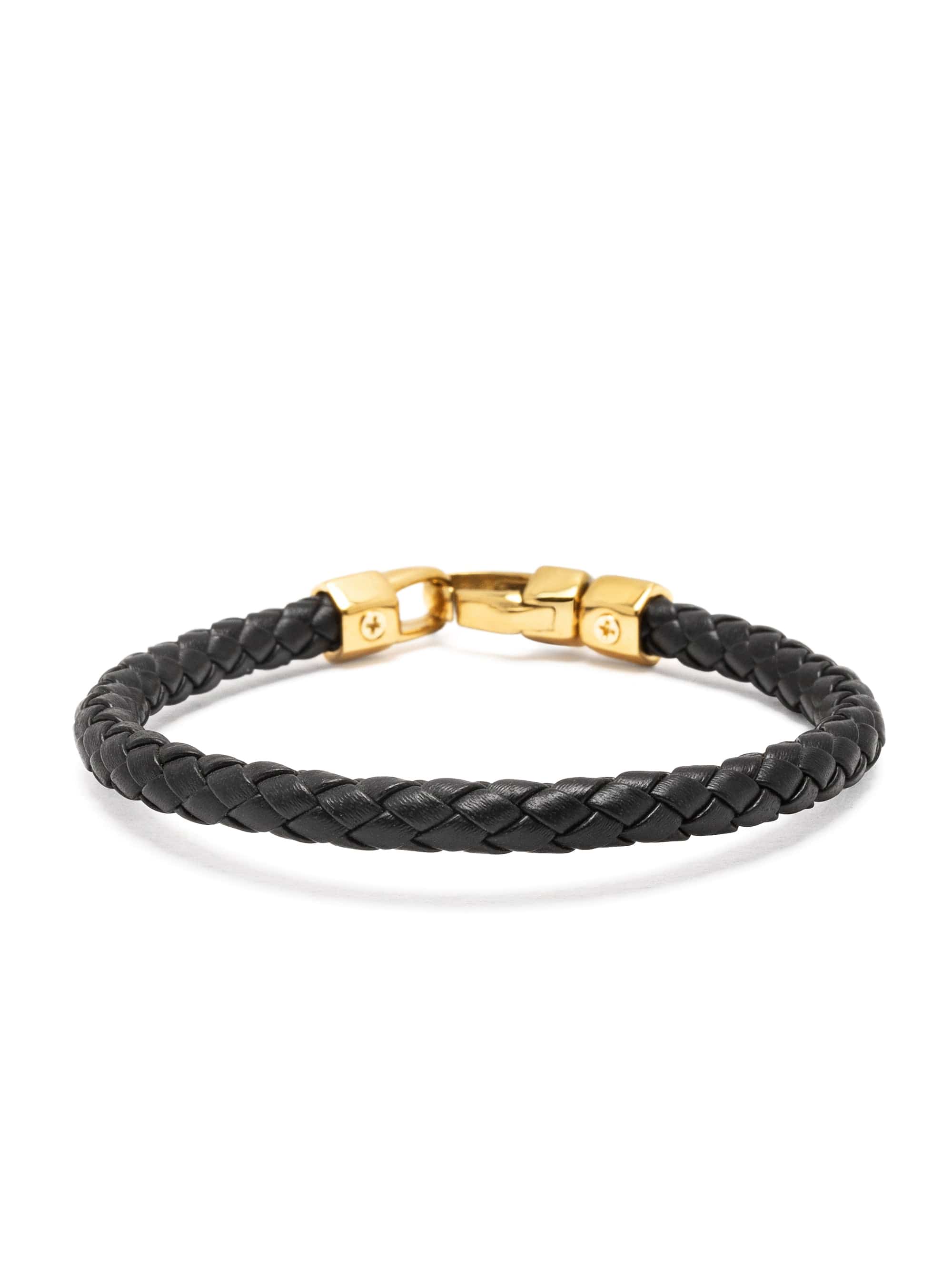 Braided Black Leather Bracelet in Gold
