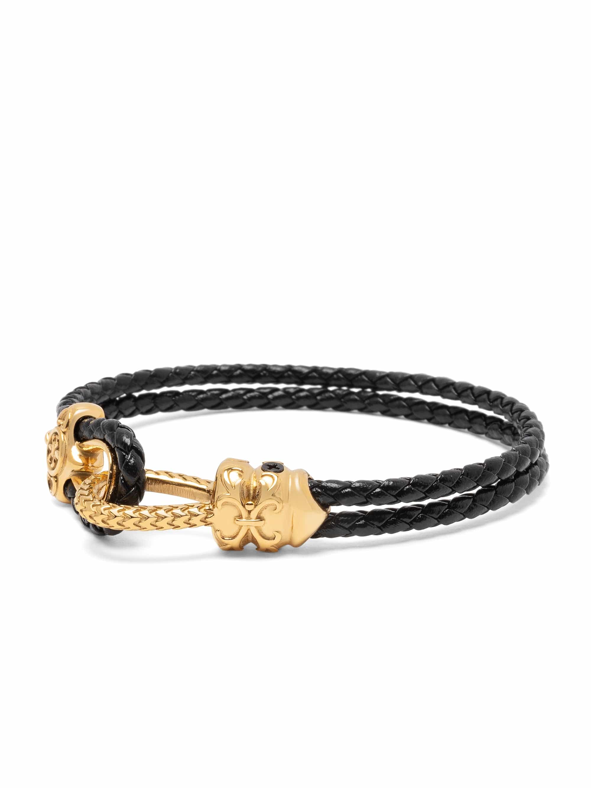 Black Leather Bracelet with Gold Rope Clasp