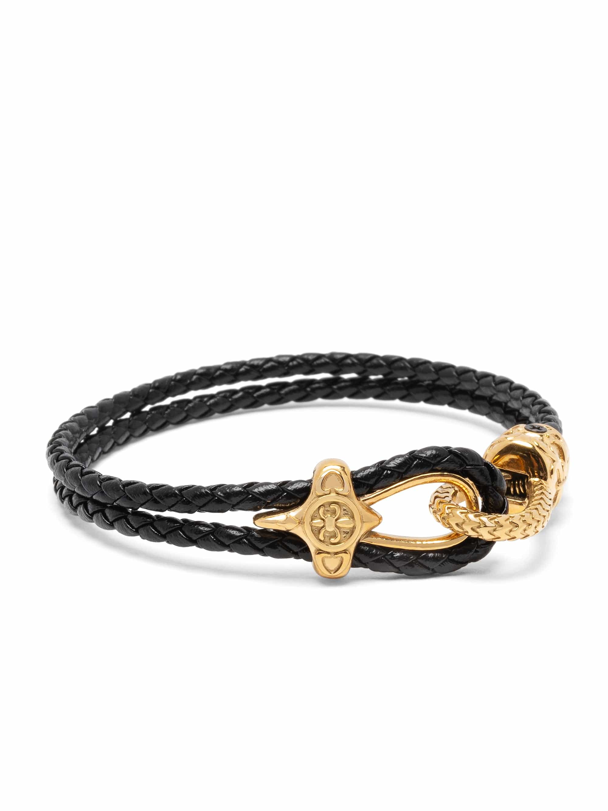Black Leather Bracelet with Gold Rope Clasp