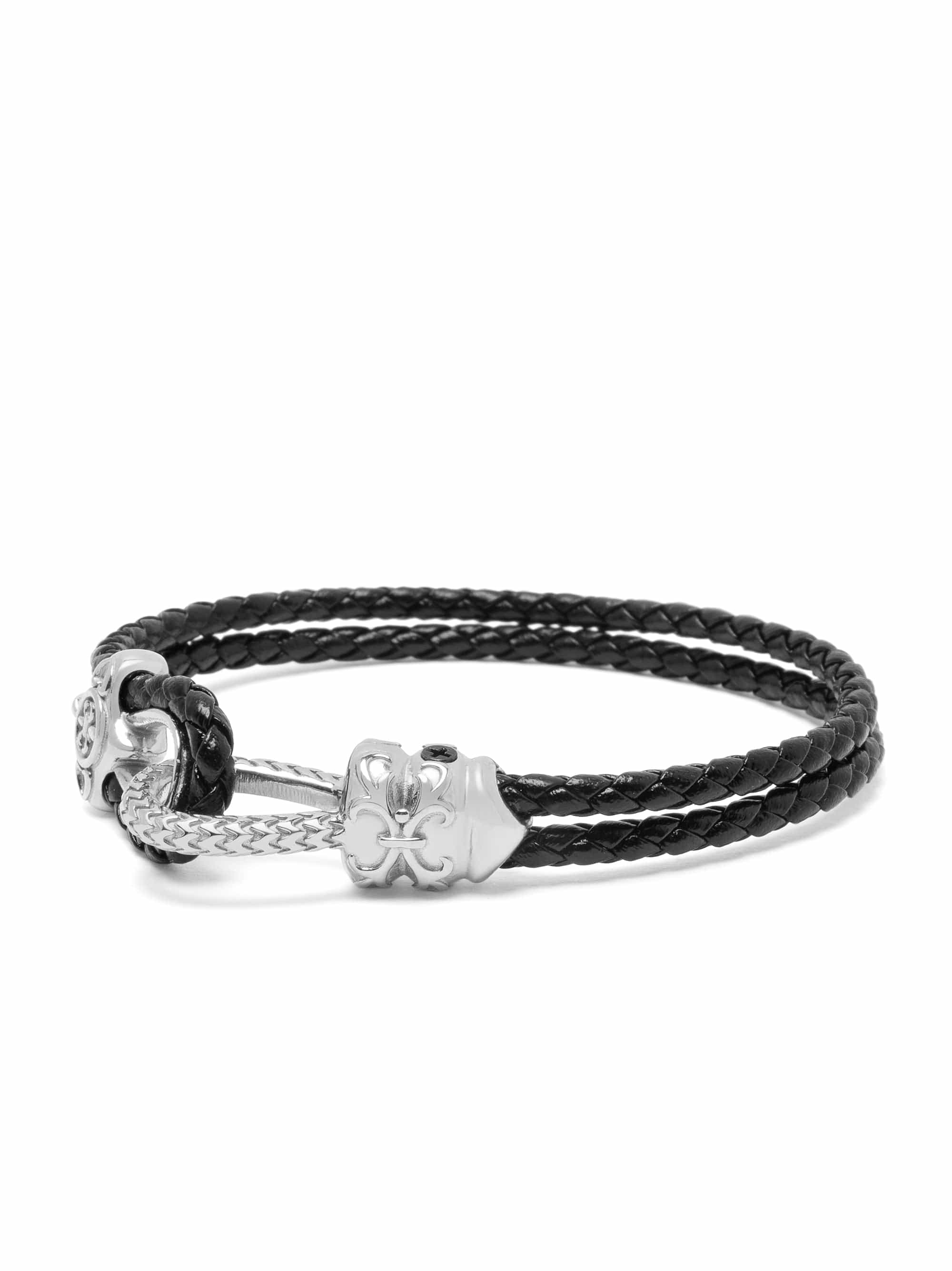 Black Leather Bracelet with Silver Rope Clasp