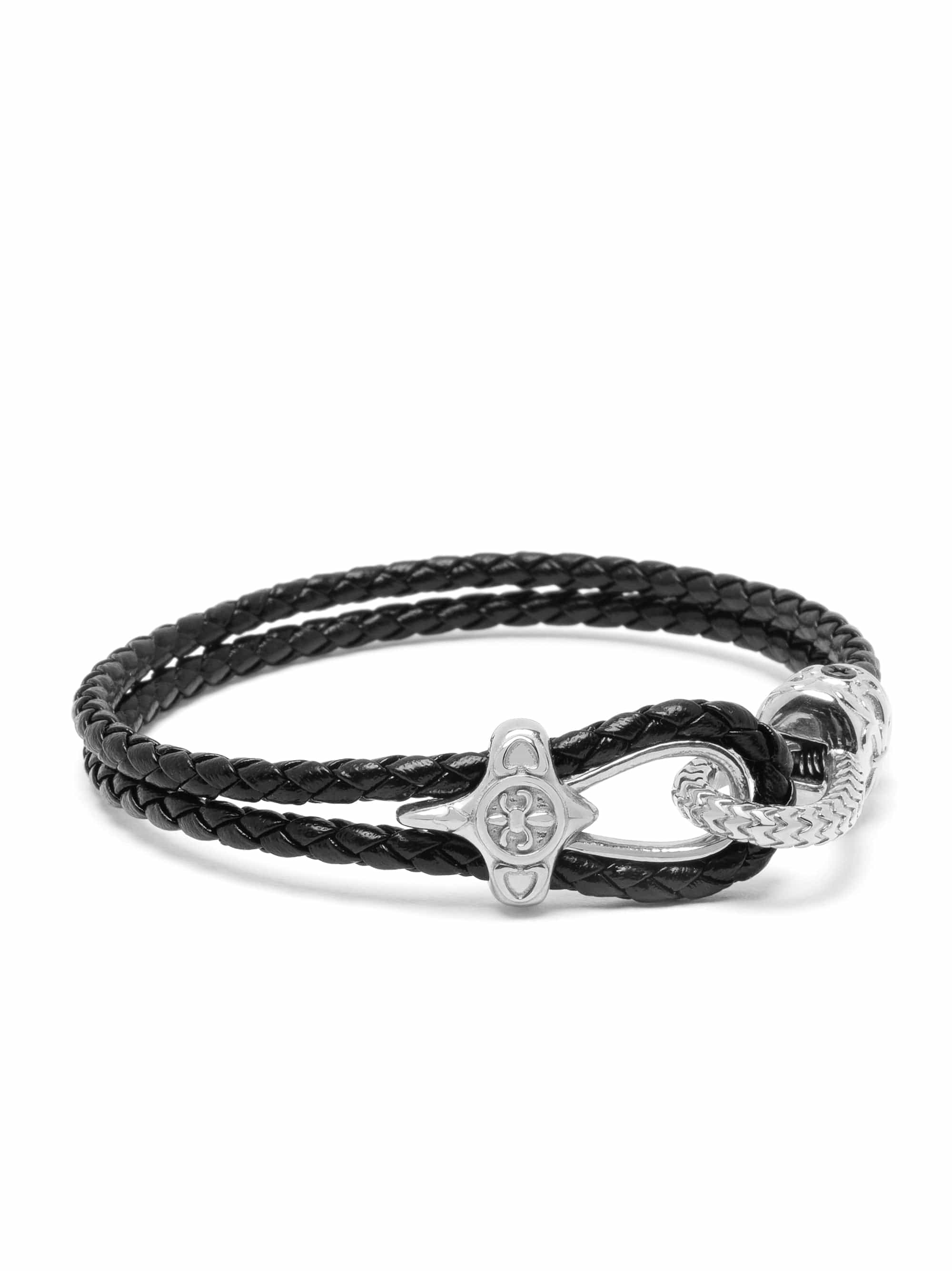 Black Leather Bracelet with Silver Rope Clasp