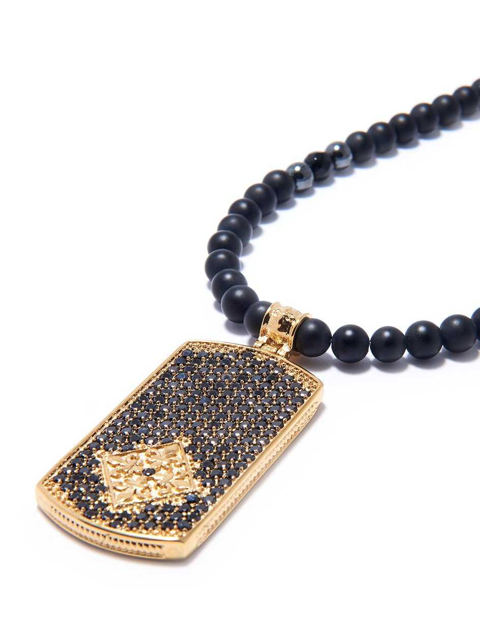 Men'S Beaded Necklace With Matte Onyx And Gold Dog Tag