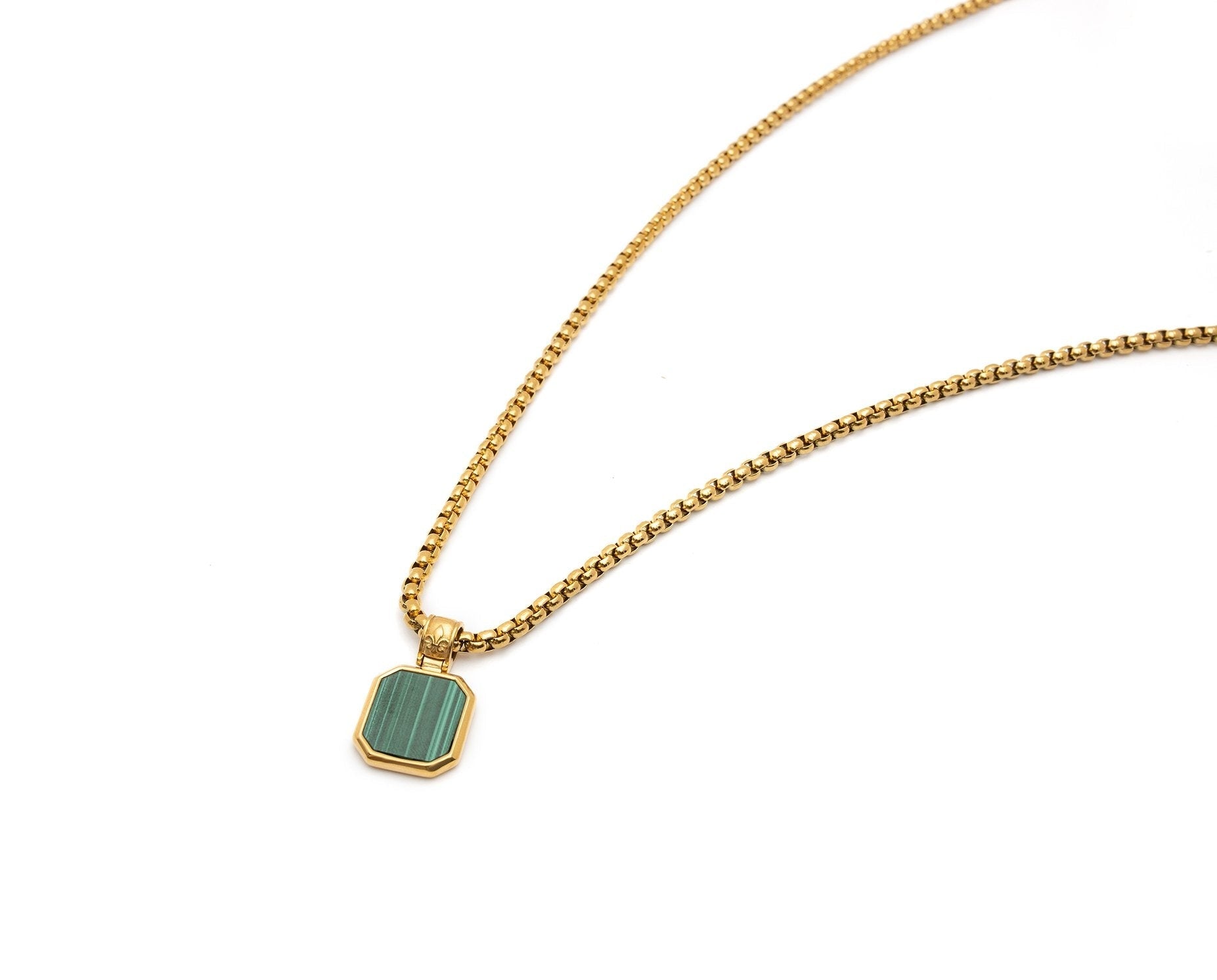 Men'S Gold Necklace With Square Malachite Pendant