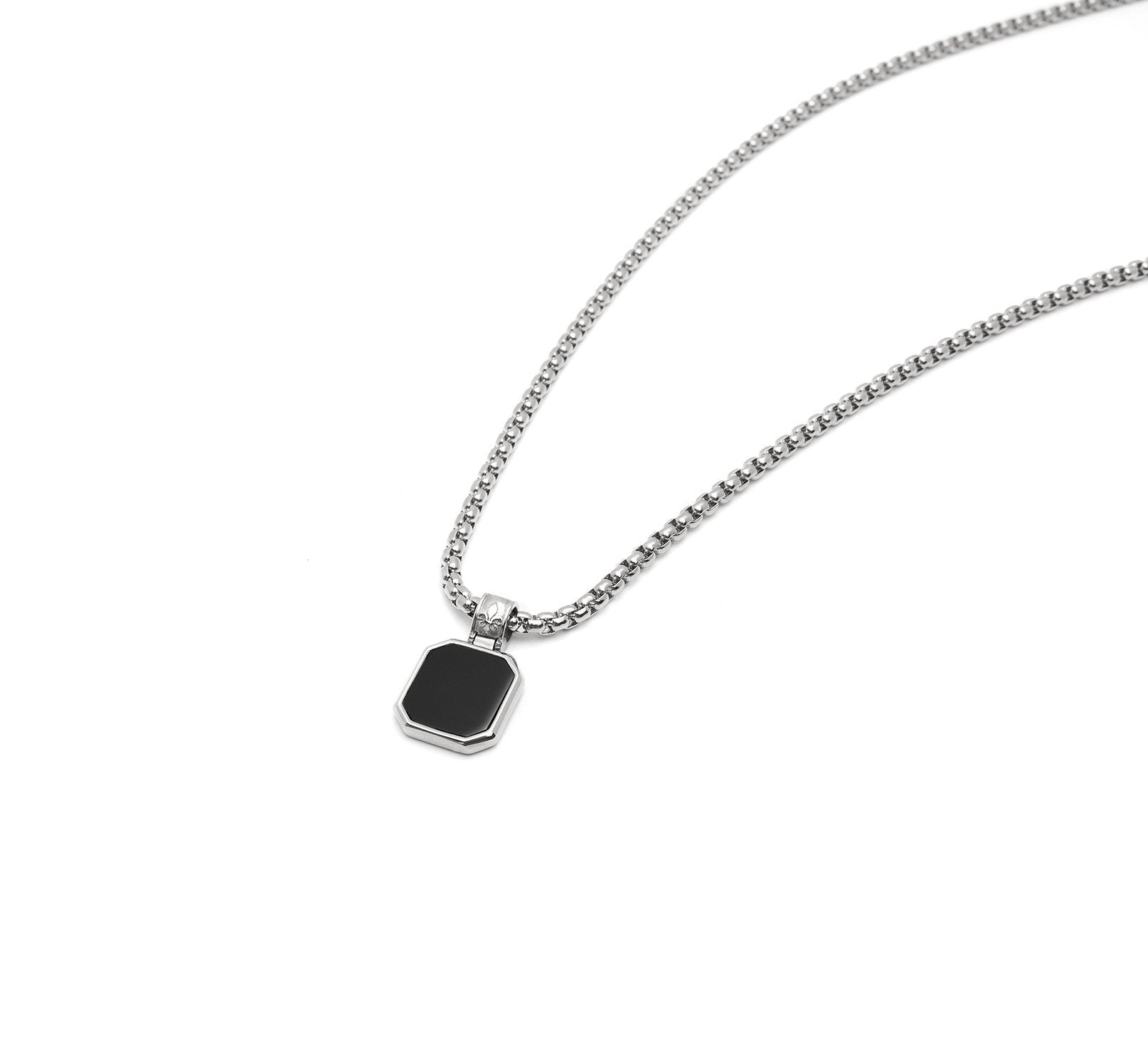 Men'S Silver Necklace With Square Matte Onyx Pendant