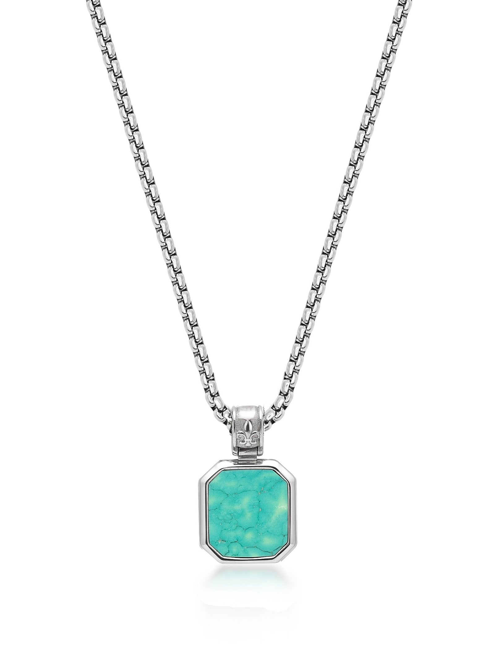 Men'S Silver Necklace With Square Turquoise Pendant