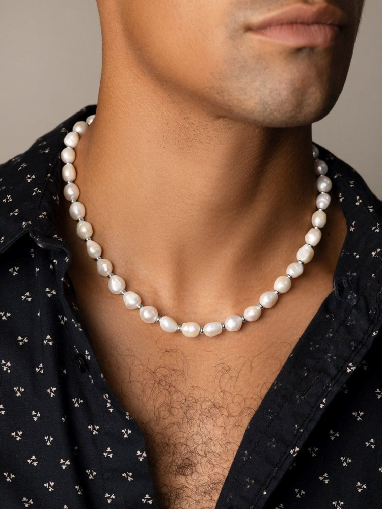 Men'S Baroque Pearl Choker With Silver